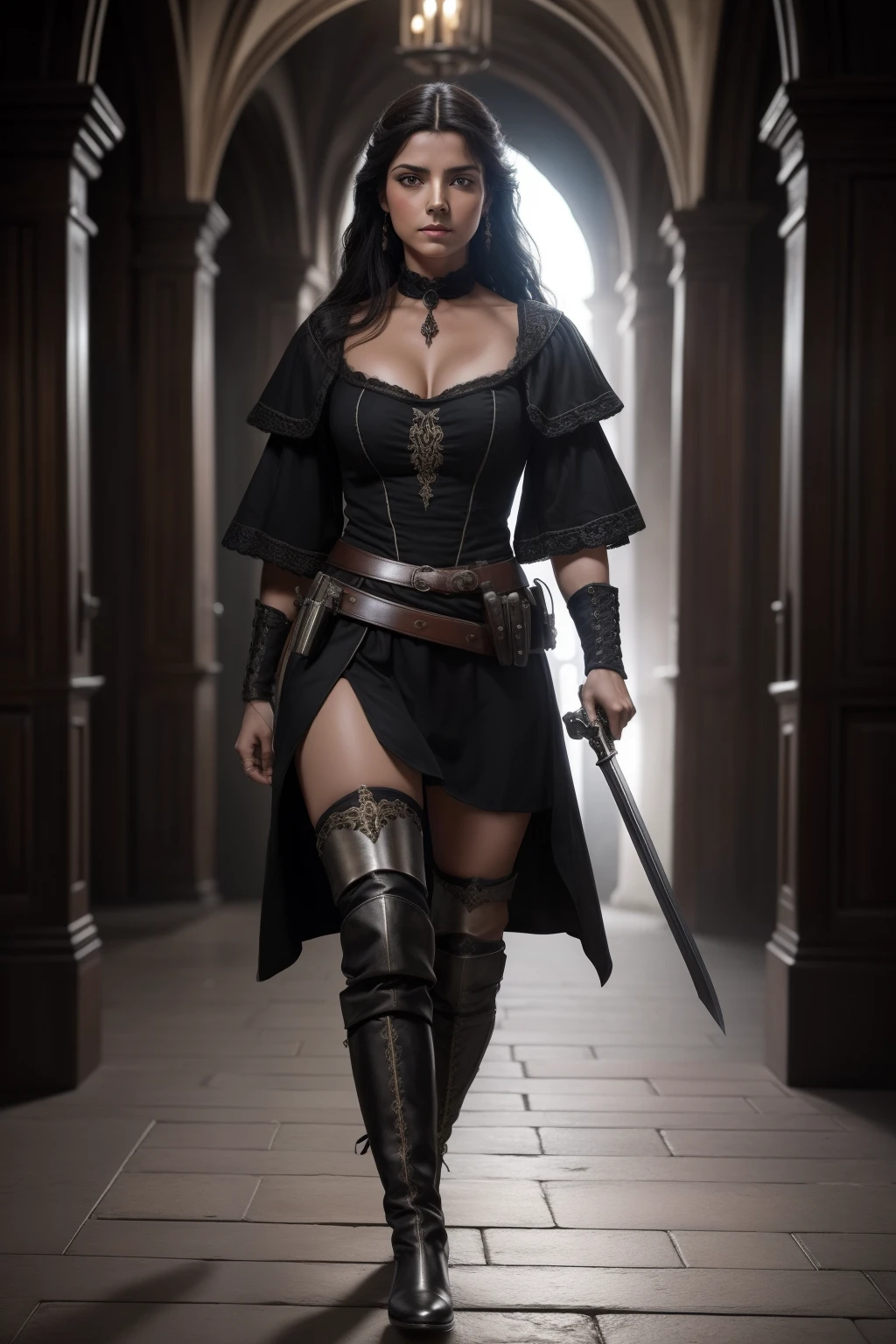 Dark Agnes de Chastillon, personagem feminina de cabelos ruivos curtos, olhos azuis penetrantes, sensualidade selvagem, mulher usando roupas masculinas sem perder a sua sensualidade, set in the sixteenth century, becos de uma cidadela francesa, little lighting, walking aggressively with a sword in his hand and a pistol laden with gunpowder in his quiver,film composition photography, Very detailed, extremely high-resolution, cor profissional, luz maravilhosa, luz do dia, 300k resolution, 
altamente realista, muitos detalhes.