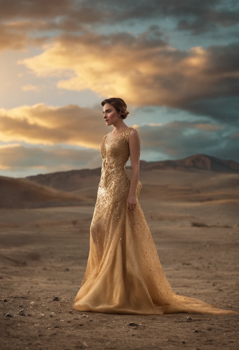 Uma imagem de uma rapariga de 30 anos europeia vestida com roupa em ouro e diamantes, The background will be an atmosphere of gradient primary color photographed with a professional full frame camera, Using a portrait lens with soft and atmospheric lighting - - V 5 --AR 16:9