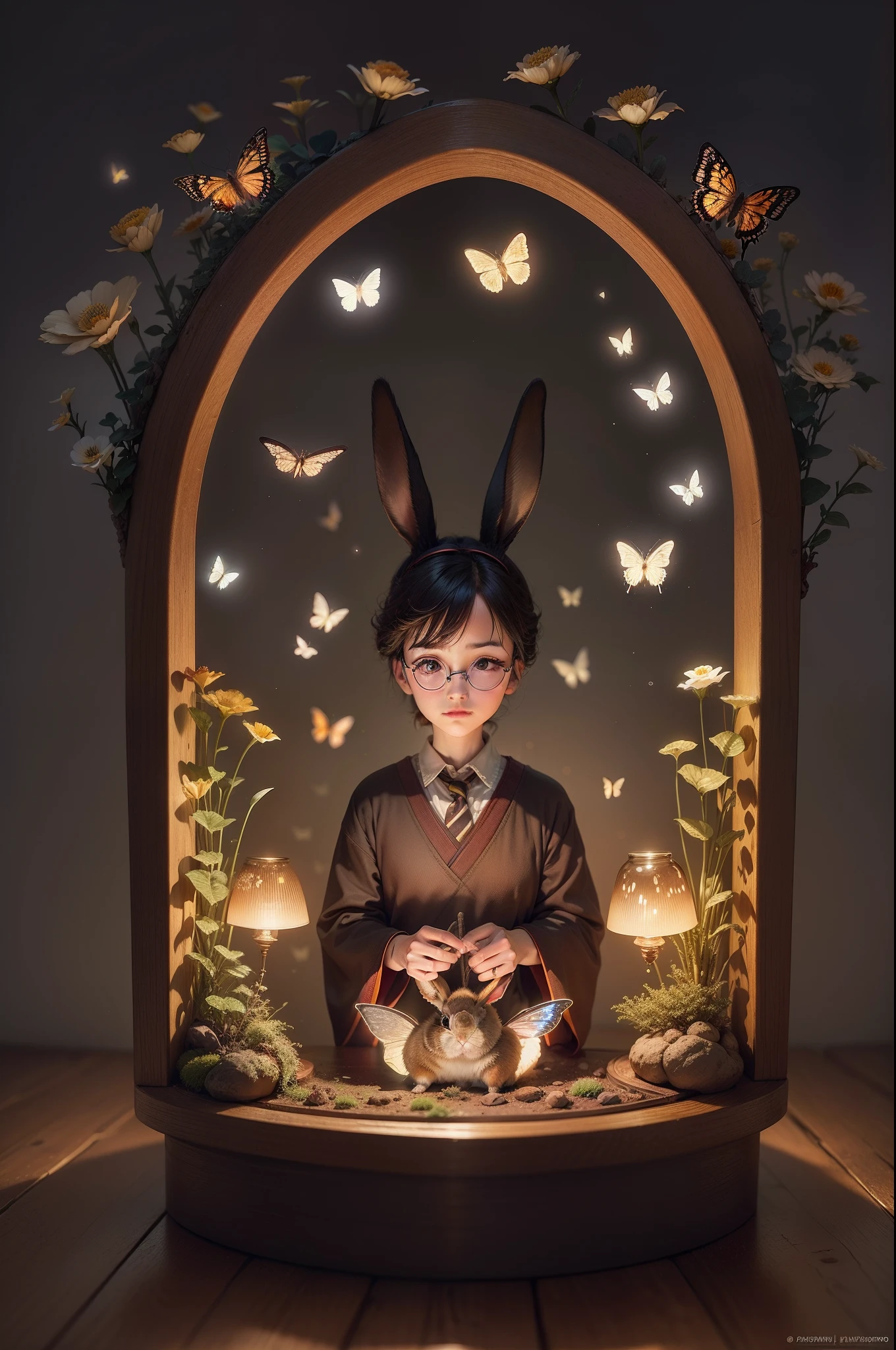 Harry Potter, glasses bunny, Bokeh effects of small led lights, field full of butterflies, rabbits, mushrooms and bonsai, japanese setting, photorealistic, pixar style, The scene is framed in the rule of thirds, with a high quality background and ultra detailed scenery. Intricate scene full of flowers