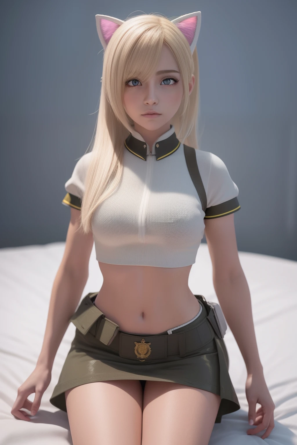 Girl from Ukraine , Ukraine anime girl , ..3d , Ukraine , Full body composition of a young woman with messy light blonde hair, maquiagem dos olhos, 11 anos, orelhas de gato, soft lighting, sozinho, vestido com um velho uniforme militar futurista rasgado e esfarrapado, cat's paw badge, Posar, cores manchadas, octan render, Detalhe intrincado hiperrealista, cinemactic, 8K resolution, 70mm, highlight lighting, global ilumination, retrato de corpo inteiro, limpar rostos detalhados, roupas intrincadas, cara bonito, peito achatado, cintura fina, pernas finas, quadris pequenos