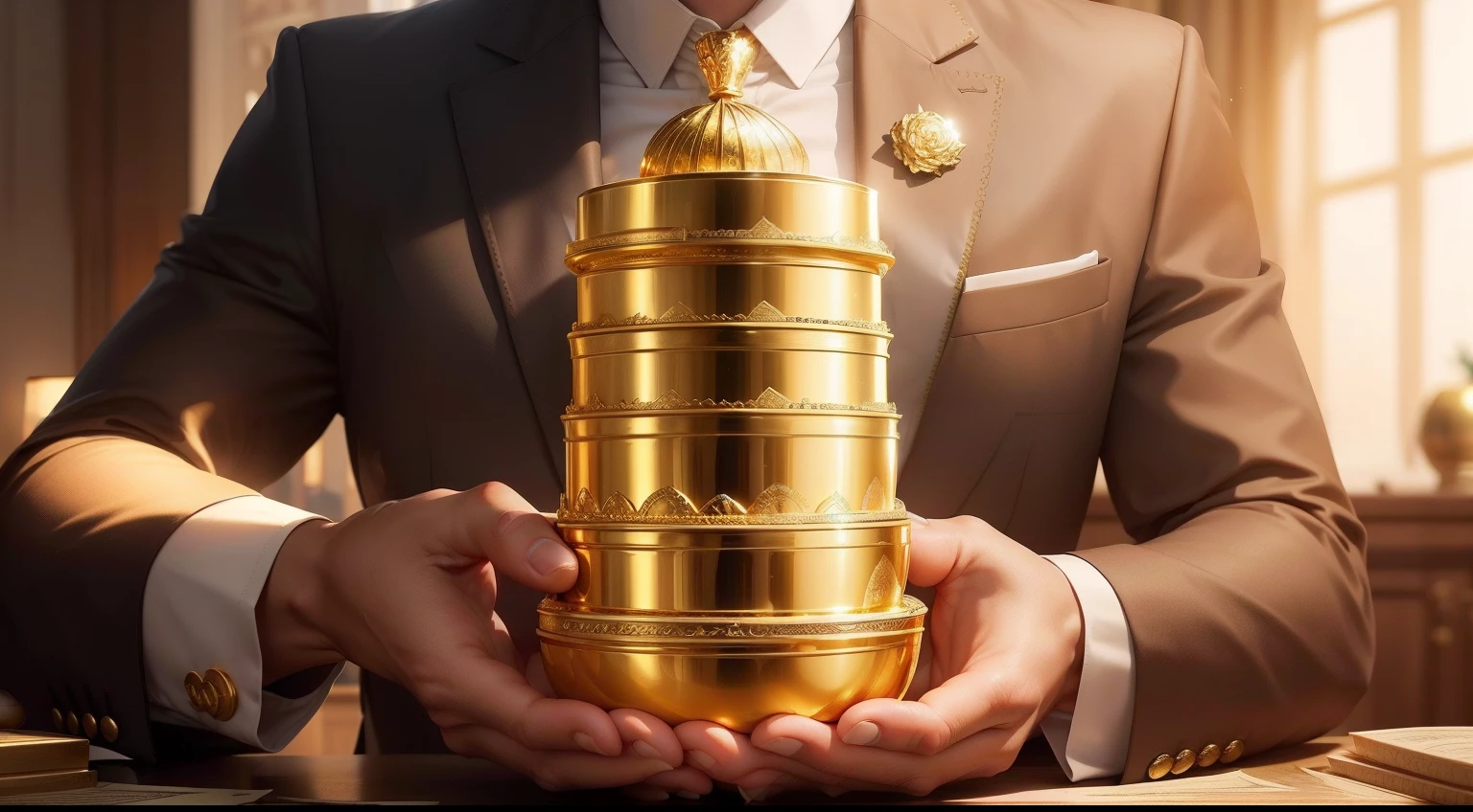 Create a high-definition image that exalts the color gold and represents prosperity and financial abundance. Visualize uma cena repleta de tons dourados deslumbrantes, where gleaming piles of multi-currency money notes stand out with their golden glow. As notas devem estar dispostas de forma organizada e atraente, creating a sense of wealth and success. Ao fundo, imagine um ambiente opulento, like an elegant office with golden details and views of a thriving city, where skyscrapers shine like gold. A luz dourada deve banhar a cena, enhancing the golden hue and conveying the idea of prosperity in high definition