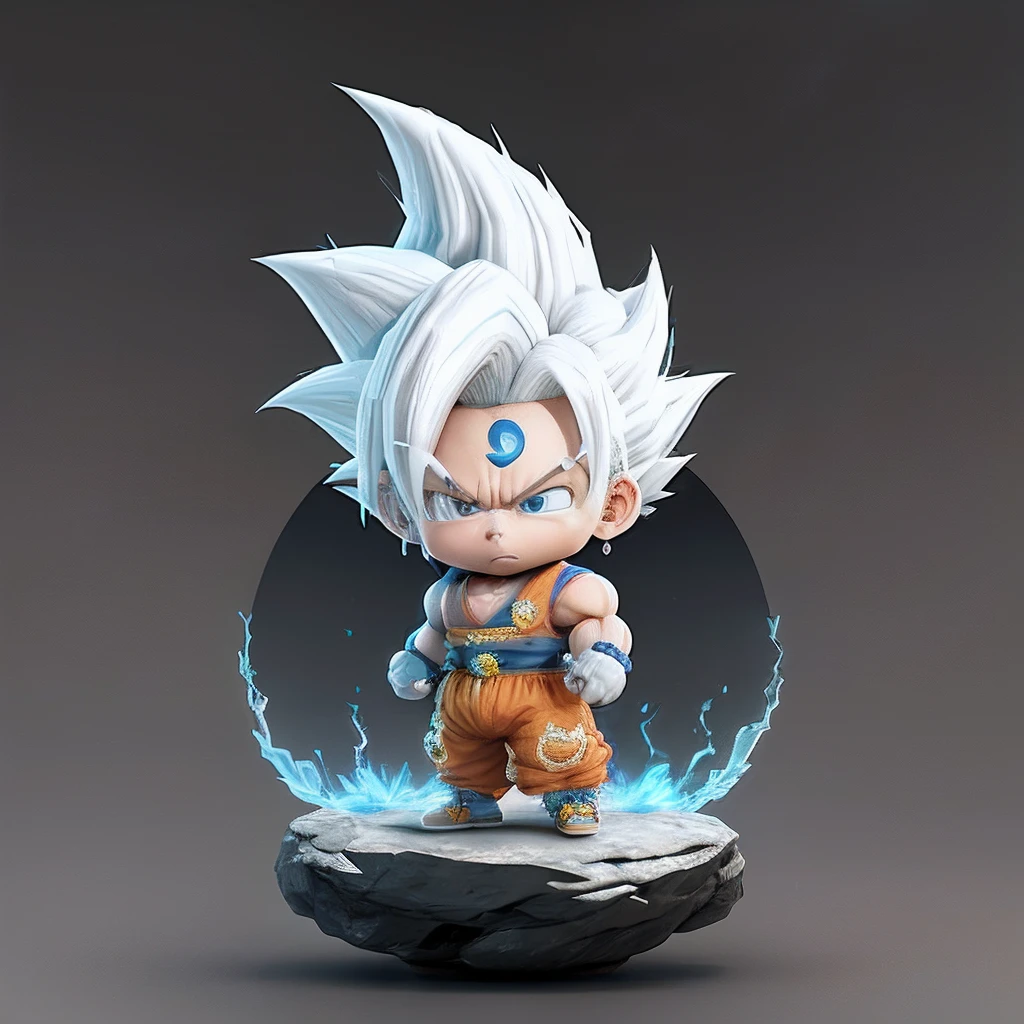 Goku, super saiyan, exquisite hair, arm depiction, white and blue hair body, exquisite shoes, eye depiction, exquisite hair, popmart blind box, clay texture, stepping on the land, black and white background, natural lighting, most good quality, super detail, 3D art, c4d, OC renderer, 3D rendering, 8k
