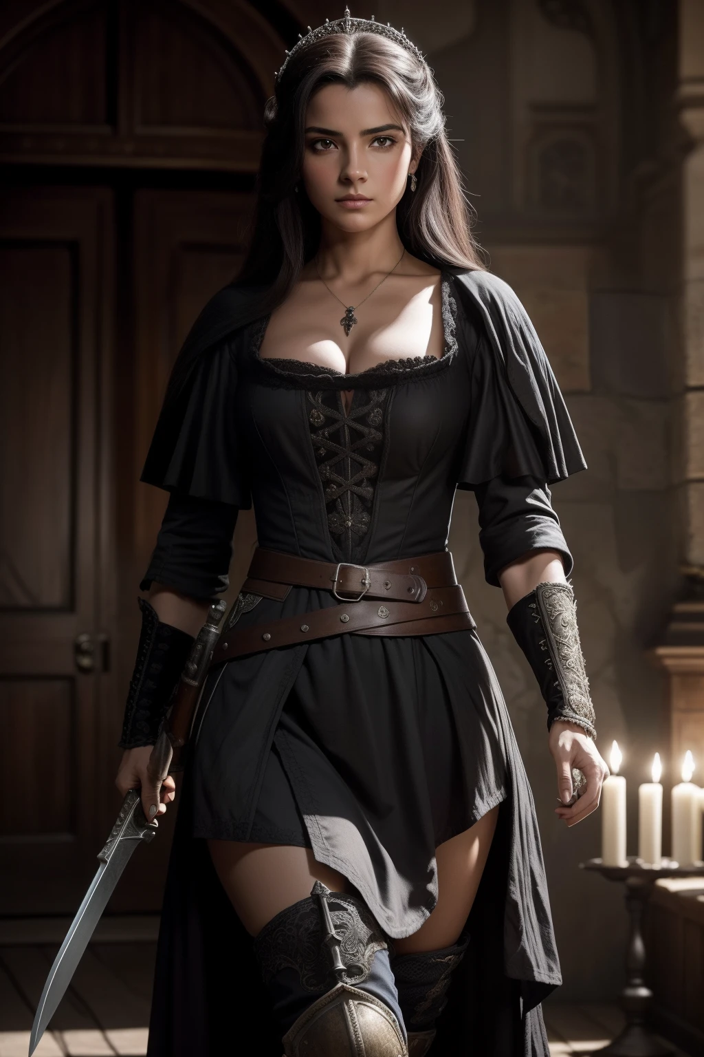 Dark Agnes de Chastillon, personagem feminina de cabelos ruivos curtos, olhos azuis penetrantes, sensualidade selvagem, mulher usando roupas masculinas sem perder a sua sensualidade, set in the sixteenth century, becos de uma cidadela francesa, little lighting, walking aggressively with a sword in his hand and a pistol laden with gunpowder in his quiver,film composition photography, Very detailed, extremely high-resolution, cor profissional, luz maravilhosa, luz do dia, 300k resolution,
altamente realista, muitos detalhes.