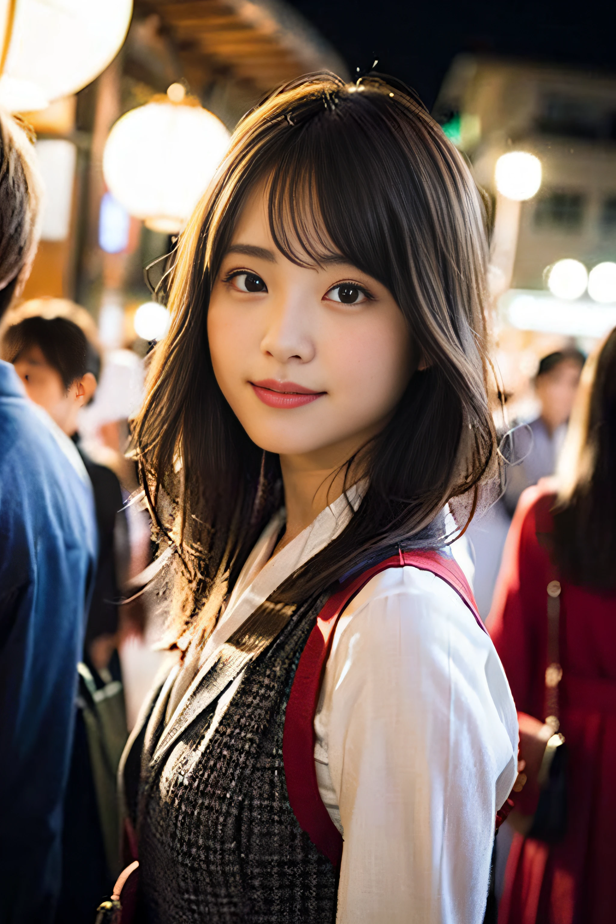 (8K、Raw photography、top-quality、masterpiece:1.2)、(realisitic、Photorealsitic:1.37)、ultra-detailliert、超A high resolution、女の子1人、beautifull detailed face、A smile、Constriction、(Slim waist) :1.3)、Beautiful detailed skin、Skin Texture、Floating hair、Professional Lighting、Whole human body、Longhaire、a blond、Japan girl uniform、matsuri、inside in room、Bob Hair、Background of the fireworks display、look behind