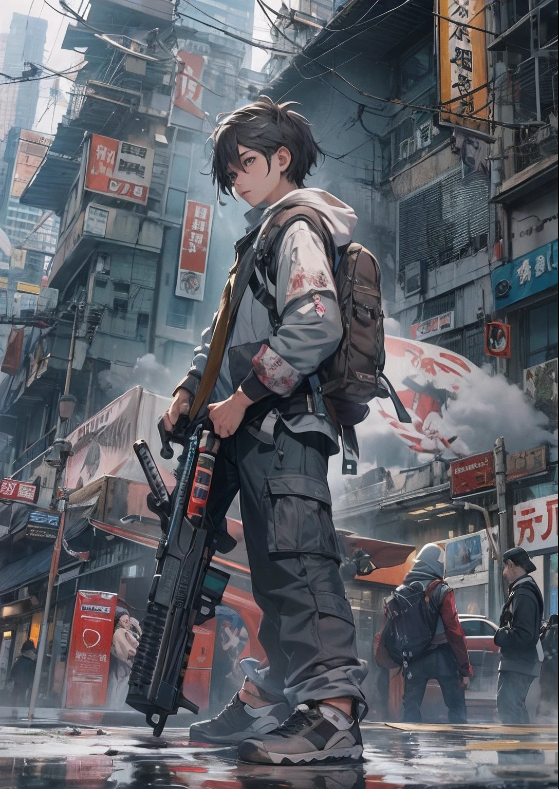 1boy,a 13 yo boy、Cyberpunk Boy、katanas,machine gun、Point the muzzle at us、Spiky hairstyle、Whole body bloody、Back lighting,The beginning of the adventure、Lots of clouds,heavy fog、Chaotic city of the future、ruined and devastated city、dystopian、A very complex group of Chinese buildings stands in the center、Highly complex Chinese buildings、dim lighting、puddles、Chaotic landscape、Beautiful and fantastic scenery、Cinematic scenery、hightquality、masutepiece,8K、hight resolution、ultra-detailliert,
