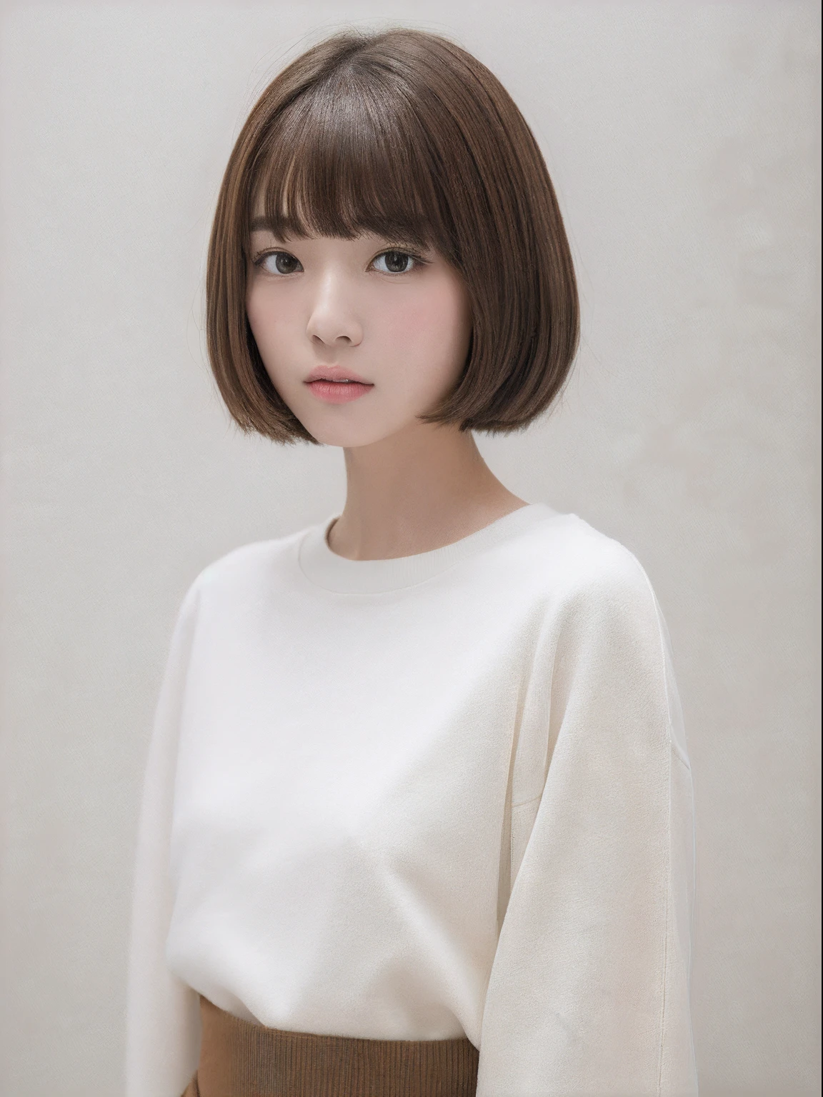 top-quality、masterpiece、hight resolution、1girl in、独奏、Raw photo、Real person、Detailed skin、japanes、brown haired、thin bunches of bangs、bob cuts、right behind、The upper part of the body、sweatshirt、White Room、white walls