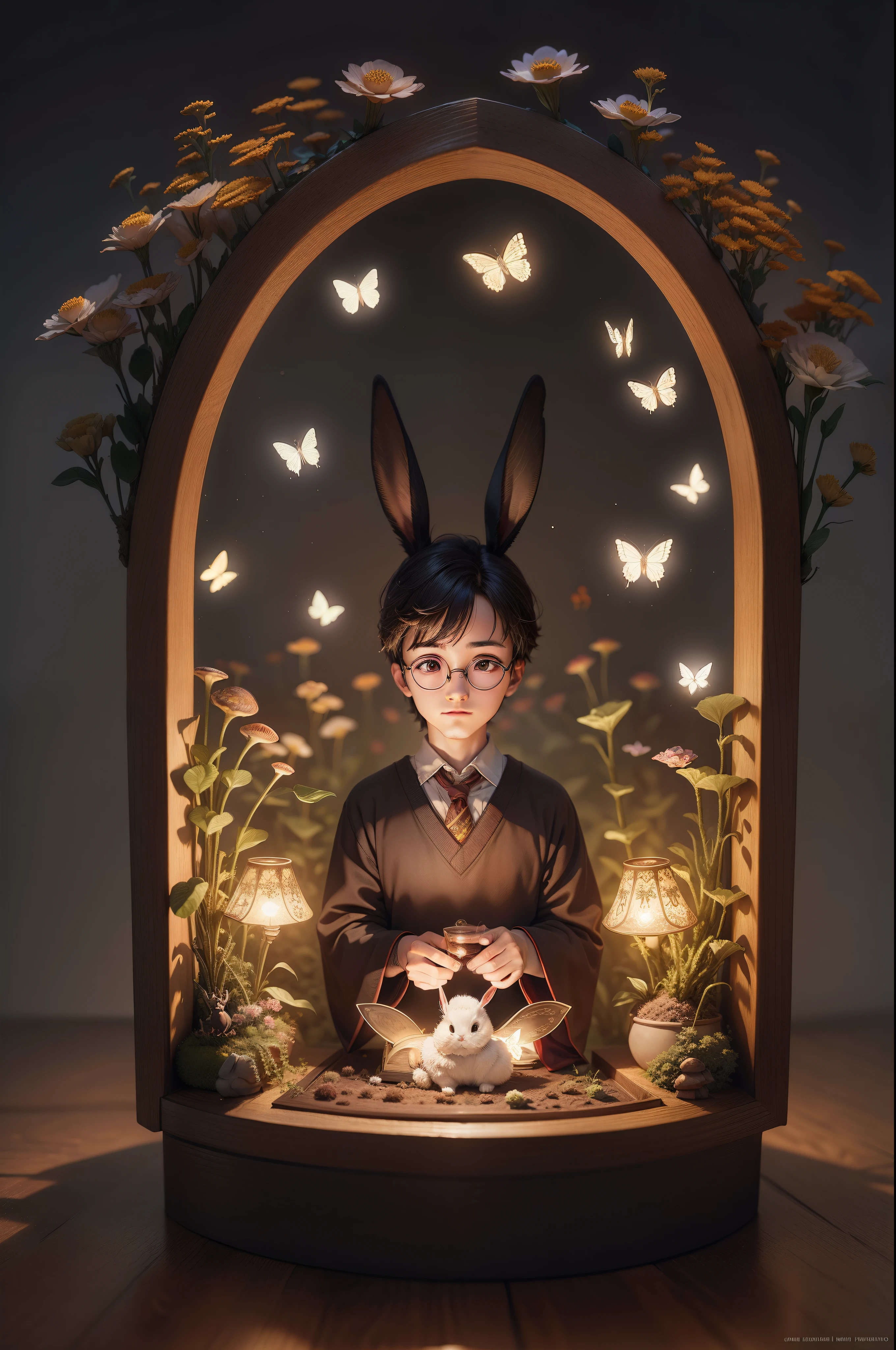 Harry Potter, glasses bunny, Bokeh effects of small led lights, field full of butterflies, rabbits, mushrooms and bonsai, japanese setting, photorealistic, pixar style, The scene is framed in the rule of thirds, with a high quality background and ultra detailed scenery. Intricate scene full of flowers