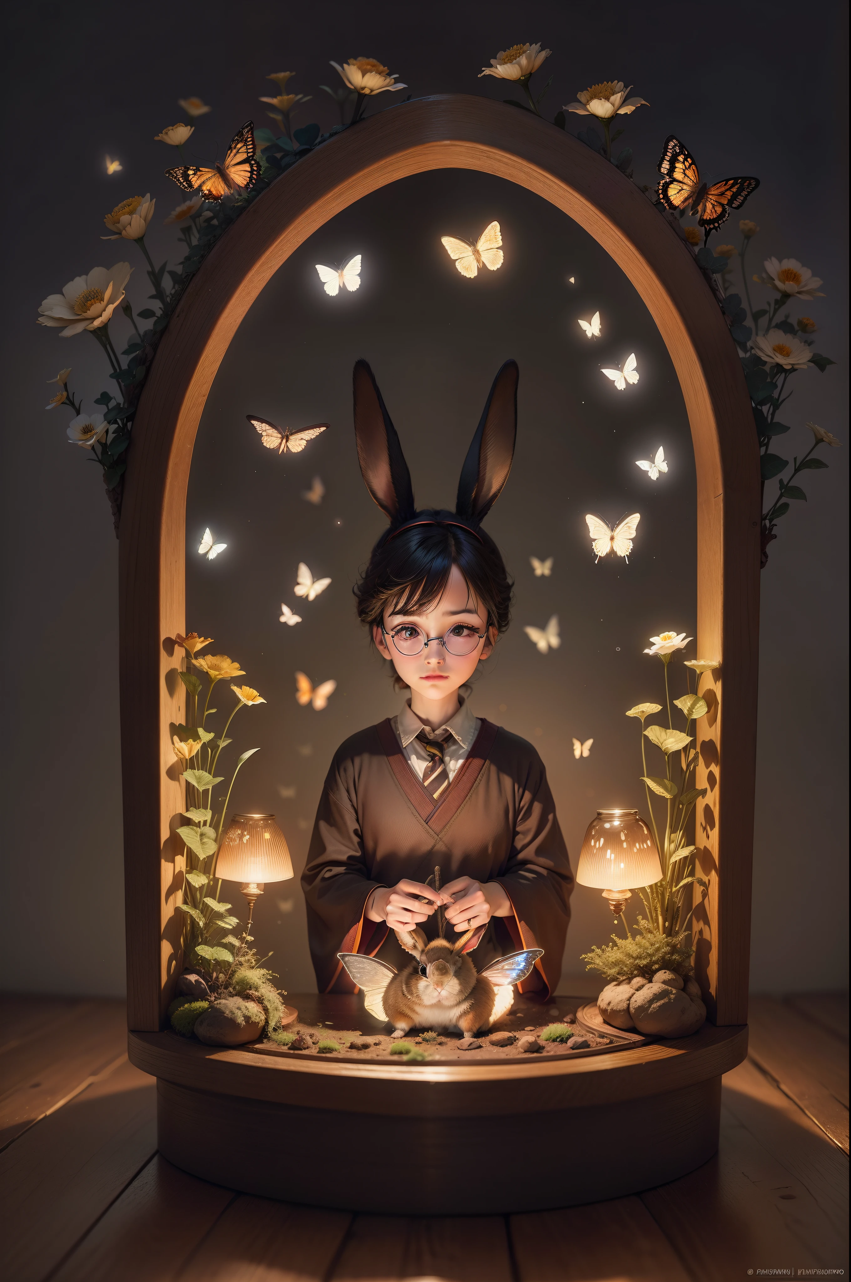 Harry Potter, glasses bunny, Bokeh effects of small led lights, field full of butterflies, rabbits, mushrooms and bonsai, japanese setting, photorealistic, pixar style, The scene is framed in the rule of thirds, with a high quality background and ultra detailed scenery. Intricate scene full of flowers