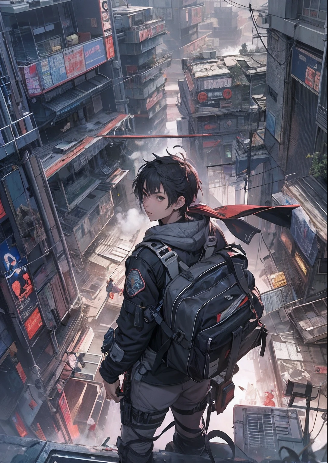 1boy,a 13 yo boy、Cyberpunk Boy、katanas,machine gun、Point the muzzle at us、Spiky hairstyle、Whole body bloody、Back lighting,The beginning of the adventure、Lots of clouds,heavy fog、Chaotic city of the future、ruined and devastated city、dystopian、A very complex group of Chinese buildings stands in the center、Highly complex Chinese buildings、dim lighting、puddles、Chaotic landscape、Beautiful and fantastic scenery、Cinematic scenery、hightquality、masutepiece,8K、hight resolution、ultra-detailliert,