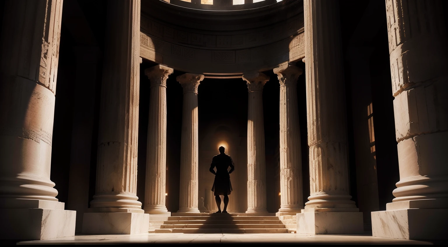 "a black candle flickering in the sacred temple of the ancient Greek oracle, with the silhouette of Theseus fading into the blurred background."
