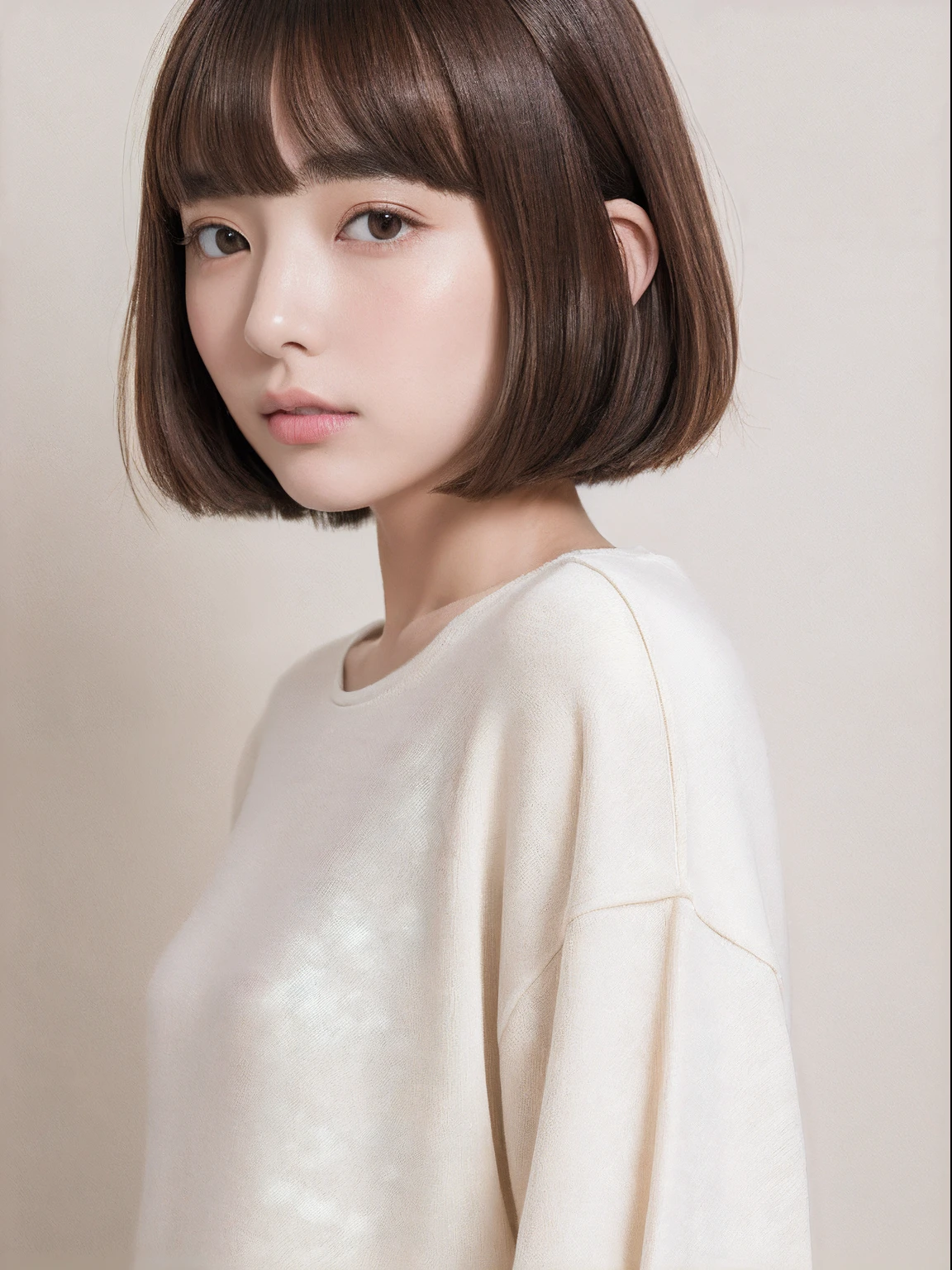top-quality、masterpiece、hight resolution、1girl in、独奏、Raw photo、Real person、Detailed skin、japanes、brown haired、thin bunches of bangs、bob cuts、posterior view、Upper body sweatshirt、White Room、white walls