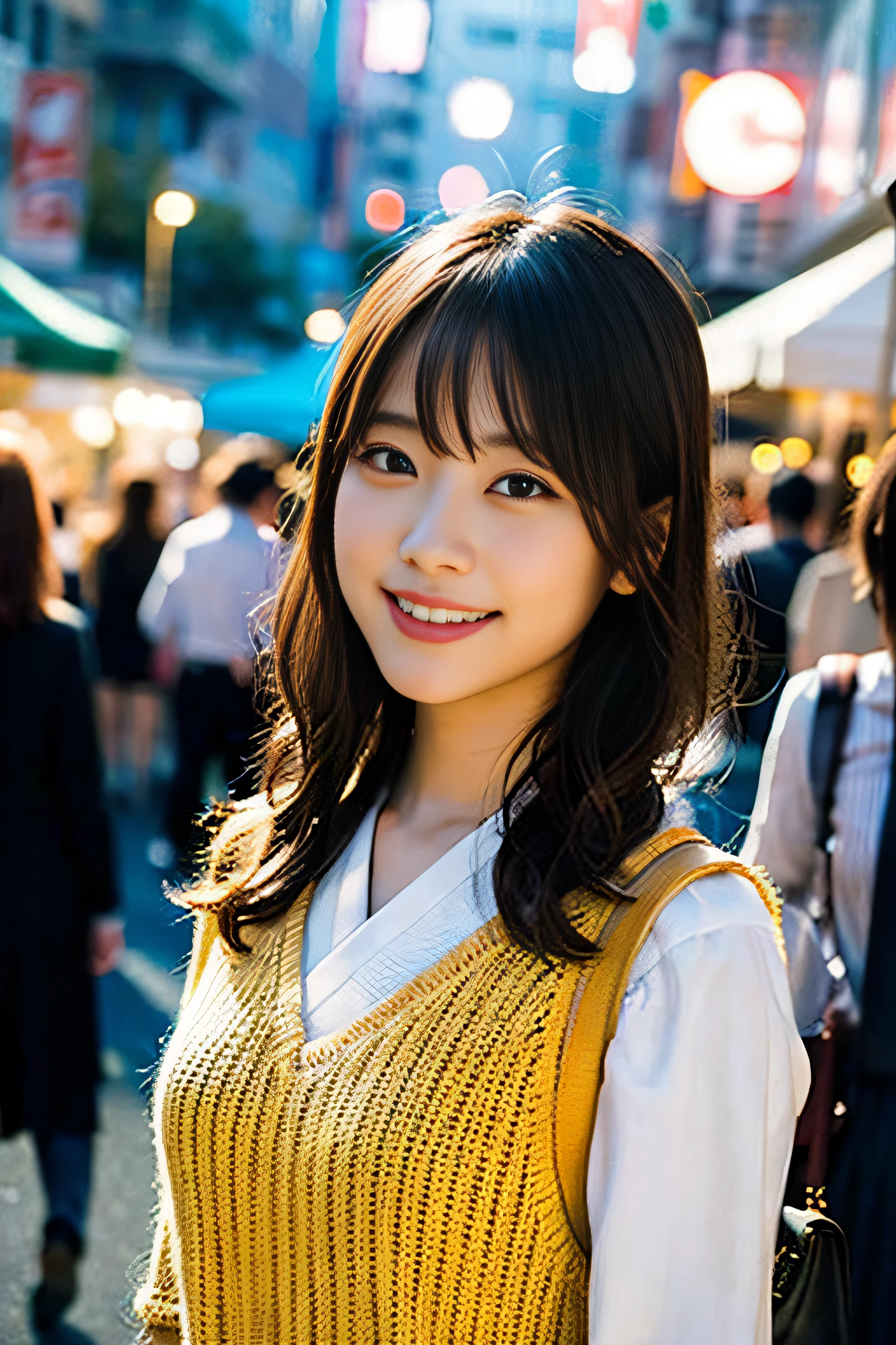 (8K、Raw photography、top-quality、​masterpiece:1.2)、(realisitic、Photorealsitic:1.37)、ultra-detailliert、超A high resolution、女の子1人、see the beholder、beautifull detailed face、A smile、Constriction、(Slim waist) :1.3)、Beautiful detailed skin、Skin Texture、Floating hair、Professional Lighting、Whole human body、Longhaire、a blond、japanese hight school uniform、hi-school girl、matsuri、In the street、sparklers、Bob Hair、Summer Festivals、food stand、Happy smile