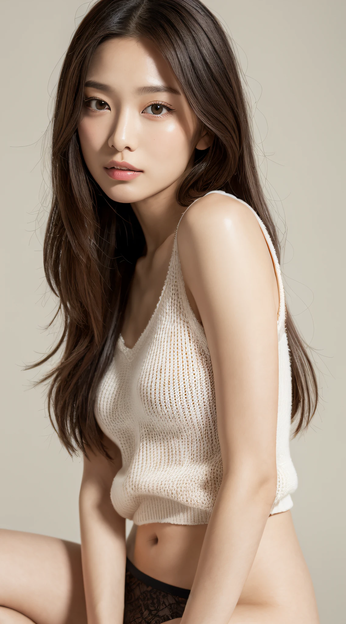 ((of the highest quality, 8K, masutepiece: 1.3)), Beauty, 1 Japan Girl, Big: 1.3, dark brown hair, (Open legs: 1.2), detailed face, very detailed lips, Detailed eyes, Double eyelids, Knit: 1.5, sexy, (wide shot: 1.5), under wear, panty, simple background