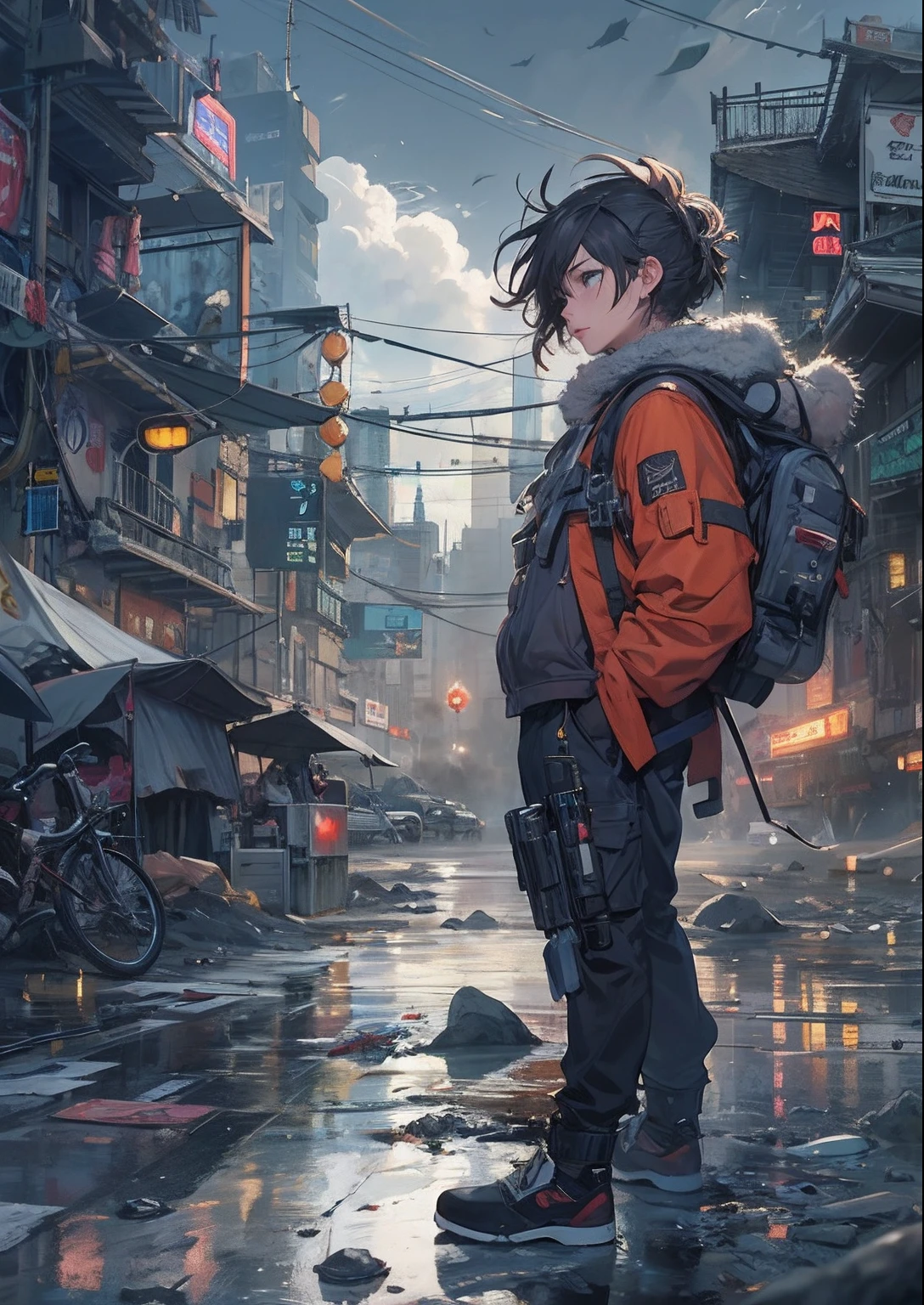 1boy,a 13 yo boy、Cyberpunk Boy、katanas,machine gun、Point the muzzle at us、Spiky hairstyle、Whole body bloody、Back lighting,The beginning of the adventure、Lots of clouds,heavy fog、Chaotic city of the future、ruined and devastated city、dystopian、A very complex group of Chinese buildings stands in the center、Highly complex Chinese buildings、dim lighting、puddles、Chaotic landscape、Beautiful and fantastic scenery、Cinematic scenery、hightquality、masutepiece,8K、hight resolution、ultra-detailliert,