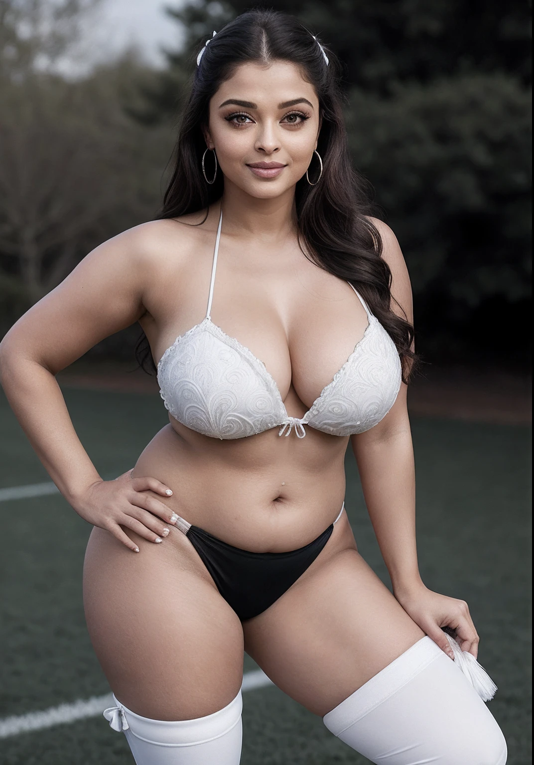 Aishwarya Rai as sexy cheerleader, white strapless micro bikini, thick curvy milf figure, knee high boots, breasts out, curvy milf figure, ponytail hair, posing outdoors in football field for boys, bright sunny day, big breasts, seductive face, look at camera and smile, erotic adult face, 45 yo, volumetric lights, intricate details, (ArtStation:1.2)