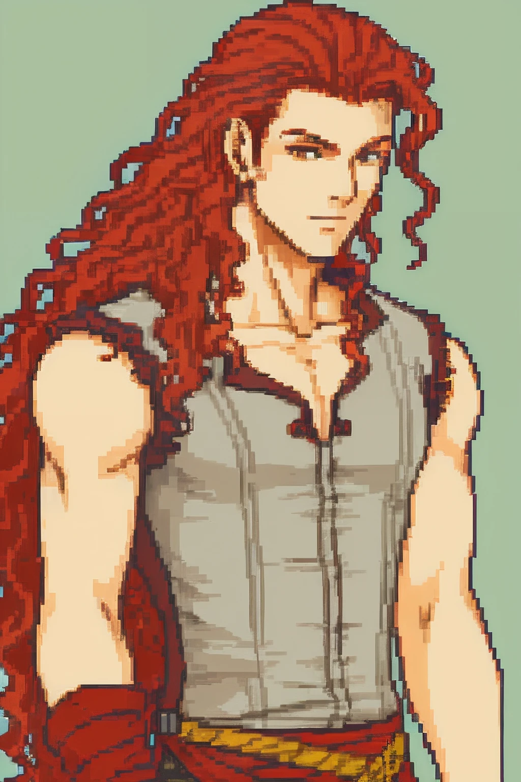 solo focus, Vanilla Fire Emblem, Desaturated Sprite, Halfbody, no frames, long wild curly blood red hair, brown eyes, sleeveless top, slim body, scars on arms, handsome, attractive young man, Myrmidon, skinny, button up top, thick hair, super long hair
