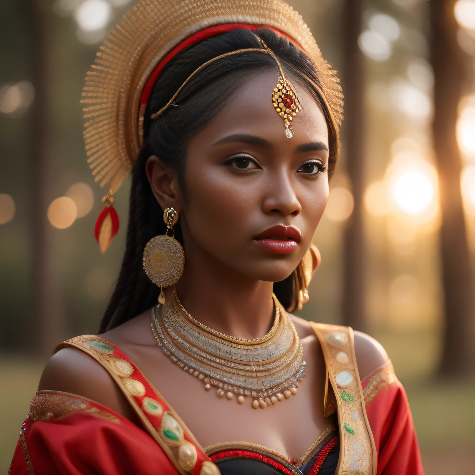 (Photorealistic:1.2), (8K Resolution), (Best Quality), (Masterpiece), biting lip, mole above left lip, upper body portrait shot from a slight high angle of a gorgeous young tribal queen with dark skin, long braided black hair, wearing an intricate beaded headdress, gold necklaces and armbands, a red and gold embroidered robe, standing proudly outdoors holding a peregrine falcon perched calmly on her left hand wrapped in a thick leather glove, jumping and kicking her right leg high in the air, natural golden hour lighting, sun rays streaming through the trees, softly diffused light on her face, highly detailed intricate clothing, jewelry and falcon, ornate background