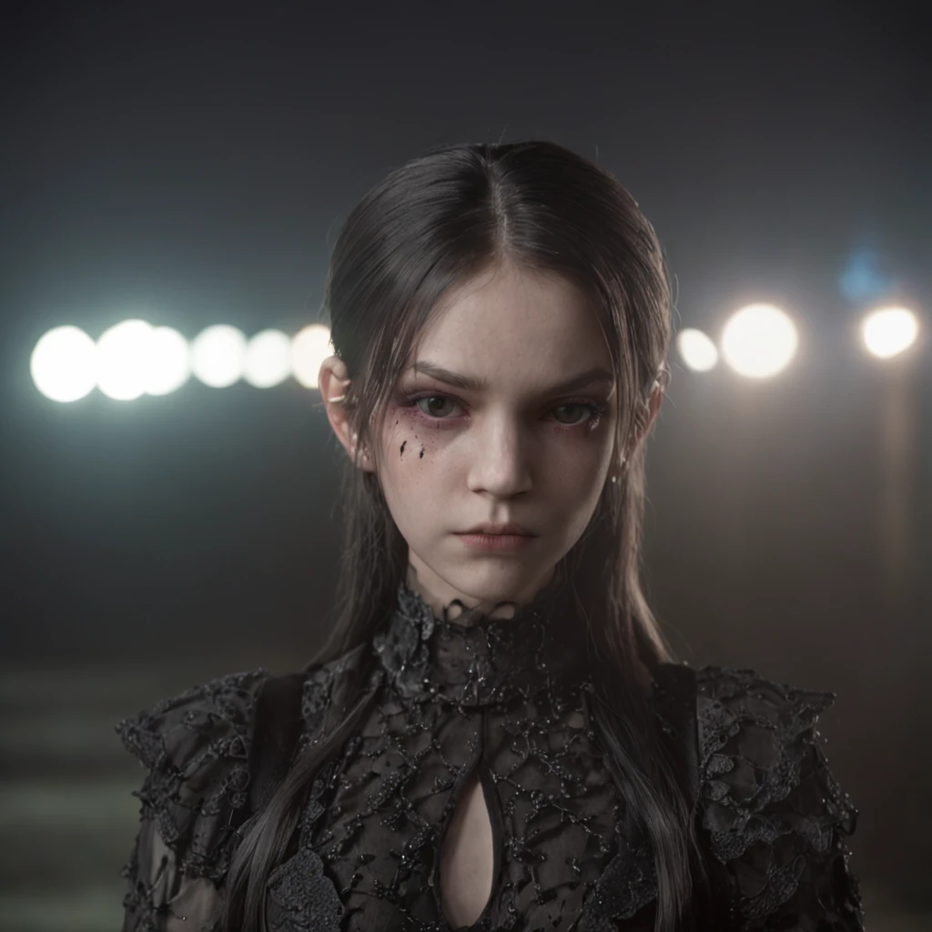 "(Professional 3D rendering:1.3) de (Realistic:1.3) electric 13-year-old goth girl disgusted in darkness, Ultra hiper-realista, Photographic, extremamente detalhada".