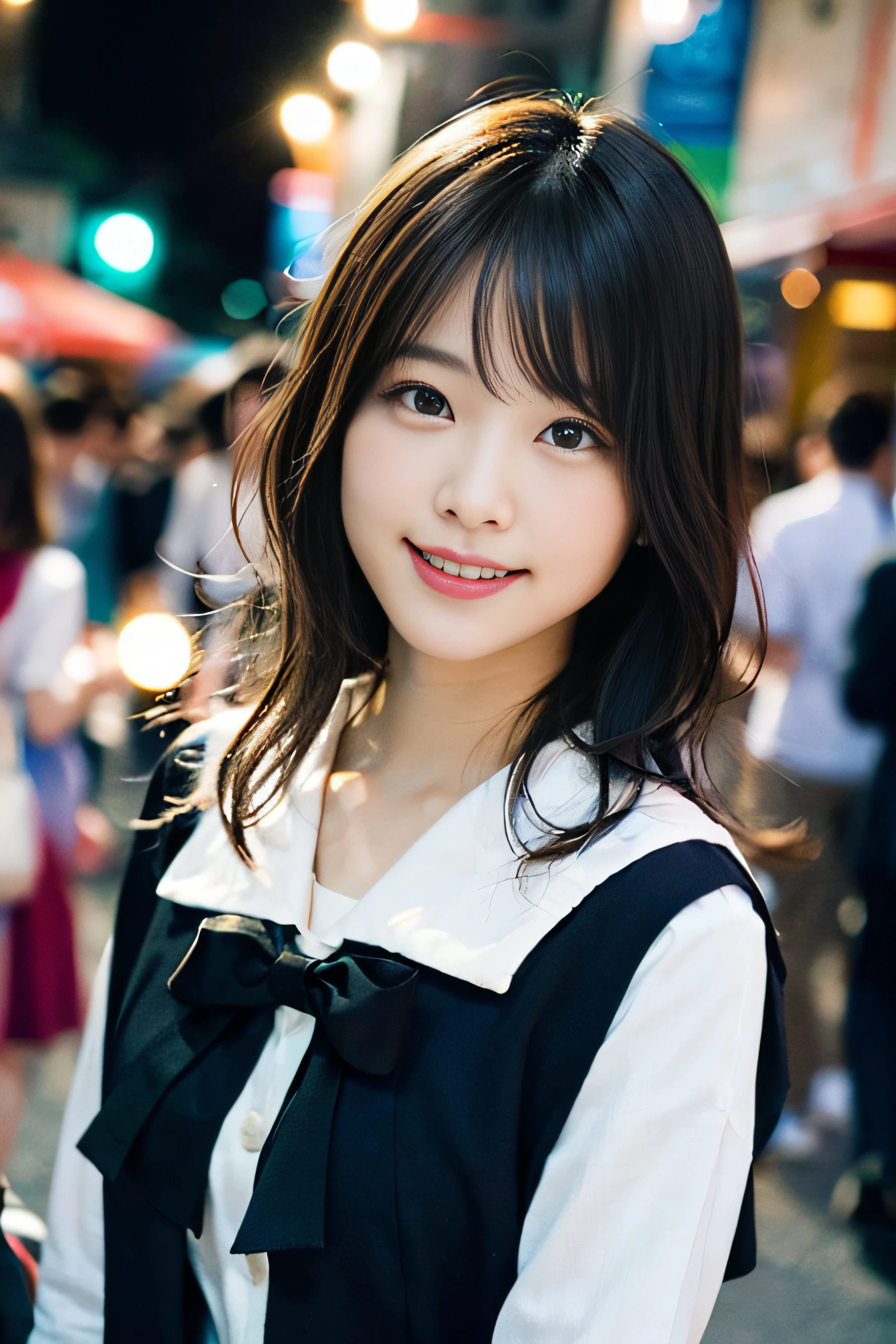 (8K、Raw photography、top-quality、​masterpiece:1.2)、(realisitic、Photorealsitic:1.37)、ultra-detailliert、超A high resolution、1人、see the beholder、beautifull detailed face、A smile、Constriction、(Slim waist) :1.3)、Beautiful detailed skin、Skin Texture、Floating hair、Professional Lighting、Whole human body、Longhaire、a blond、japanese hight school uniform、a sailor suit、matsuri、In the street、sparklers、Bob Hair、Summer Festivals、food stand、Happy smile