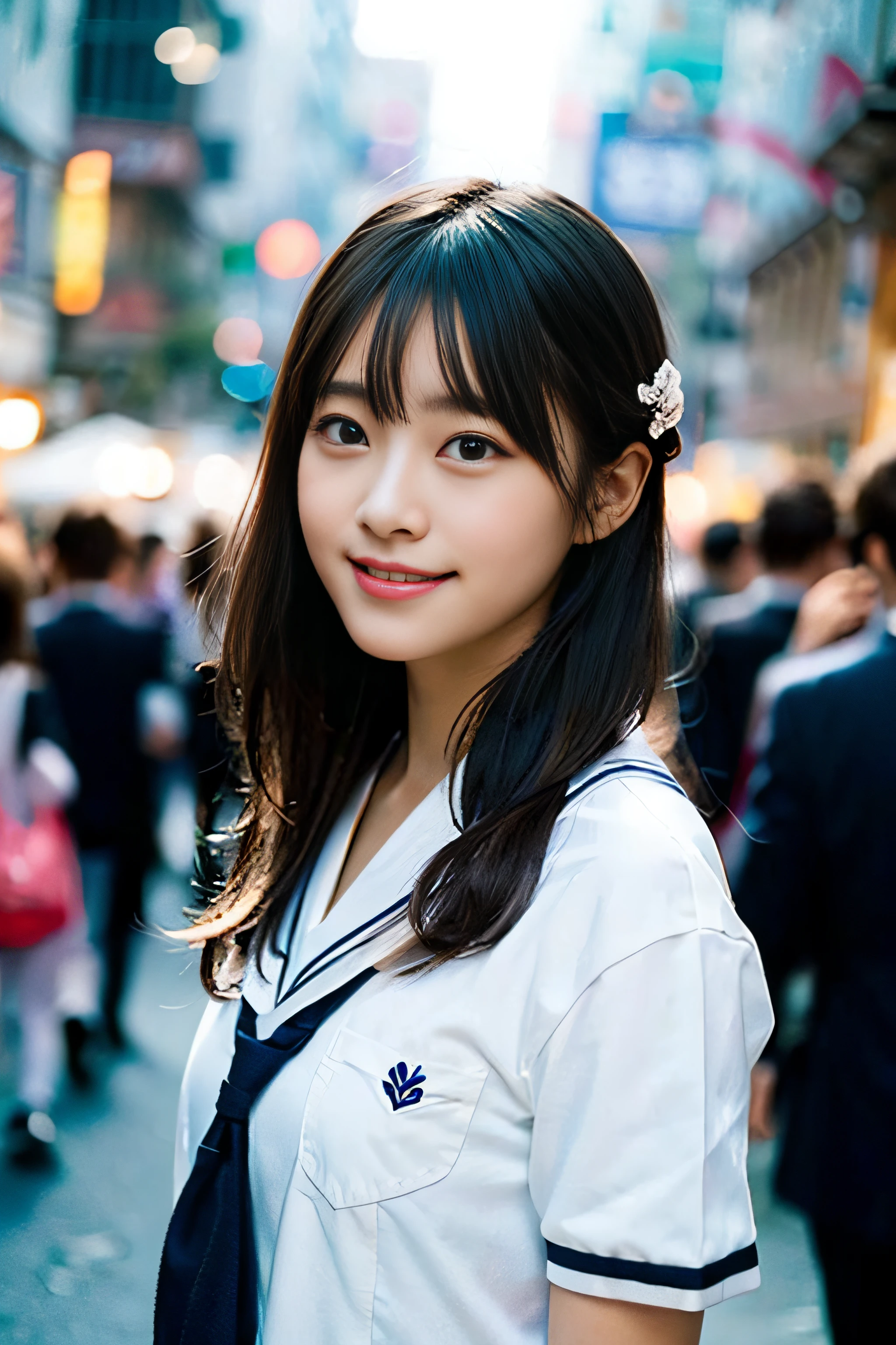 (8K、Raw photography、top-quality、masterpiece:1.2)、(realisitic、Photorealsitic:1.37)、ultra-detailliert、超A high resolution、女の子1人、see the beholder、beautifull detailed face、A smile、Constriction、(Slim waist) :1.3)、Beautiful detailed skin、Skin Texture、Floating hair、Professional Lighting、Whole human body、Longhaire、a blond、japanese hight school uniform、a sailor suit、matsuri、In the street、sparklers、Bob Hair、Summer Festivals、food stand、Happy smile
