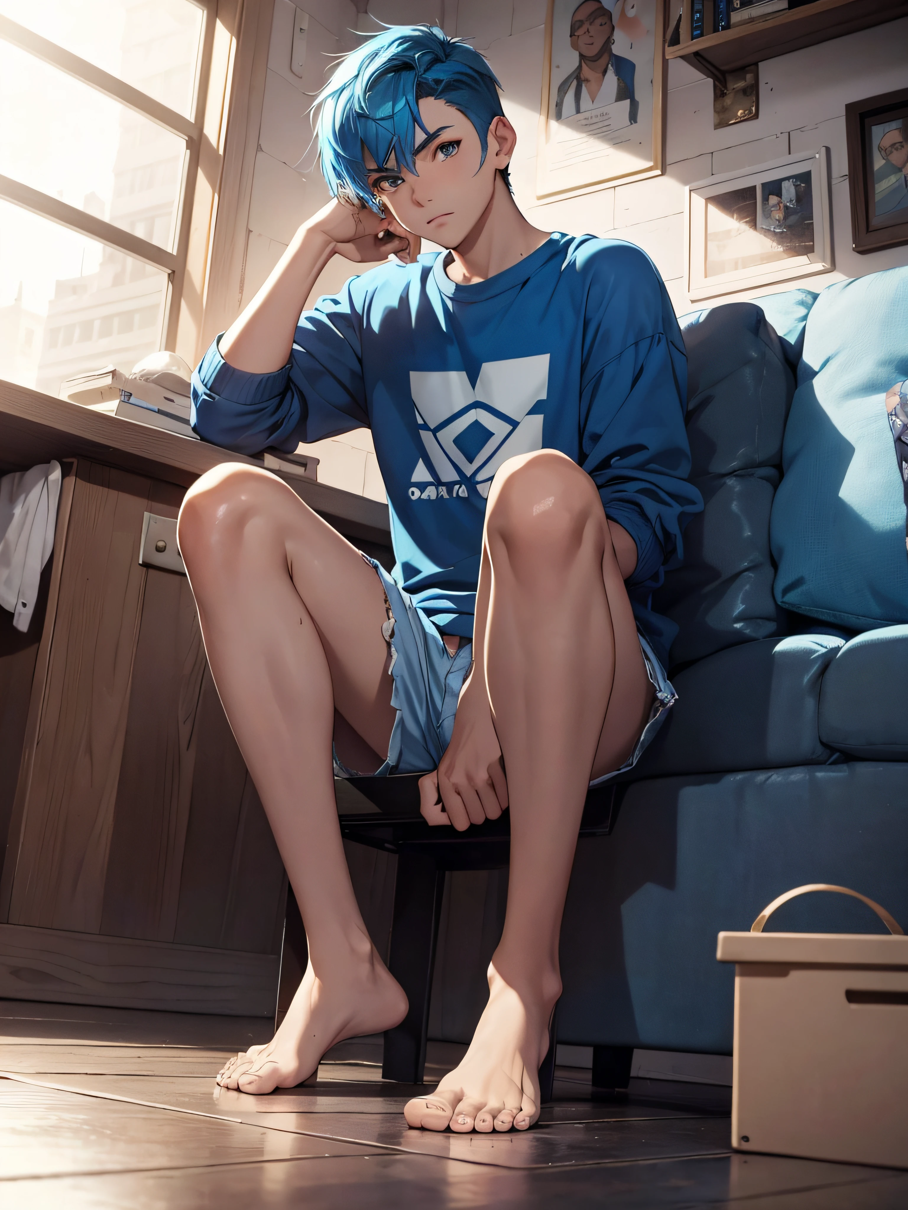 Handsome teenage boy (with blue hair), boxer, sitting on the floor, wearing short shorts, no shoes, no socks, bare feet, bleeding from mouth and eyes