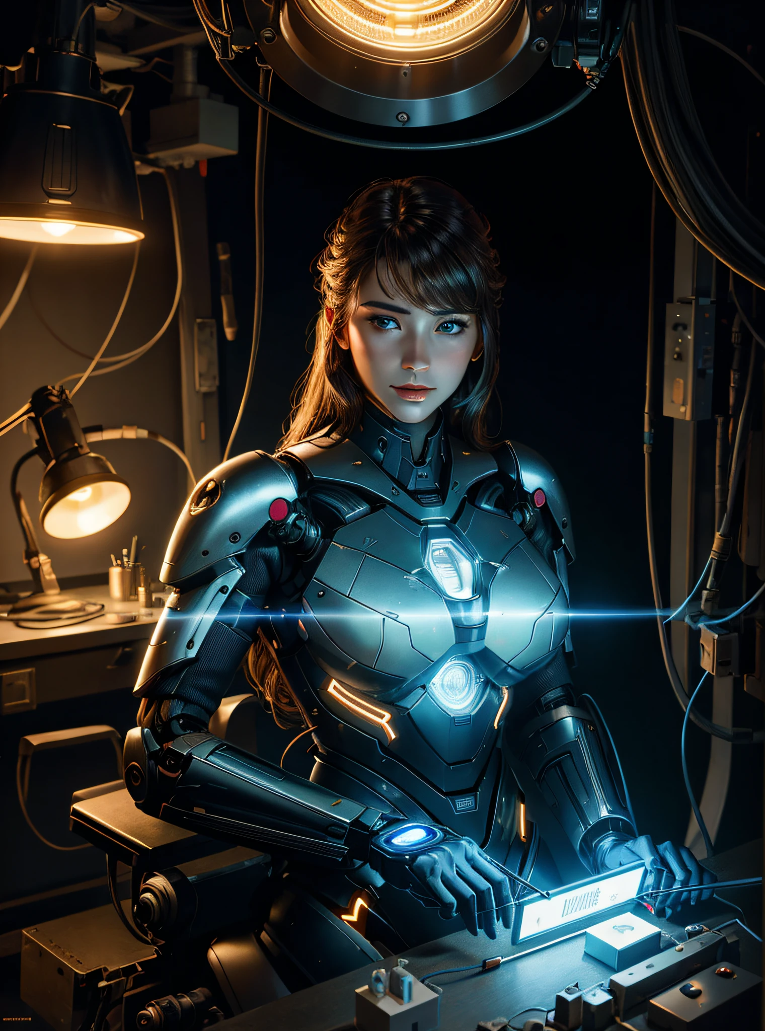 Masterpiece, cinematic lighting, best quality, realistic, film still, of (gorgeous artificial woman undergoing repairs), (perfect face), detailed eyes, sitting on operating chair, ripperdoc, wires, cables, circuitry, loose connections, soldering, (Futuristic M.I.T. advanced robotics laboratory), lifelike texture, film like, operating light, vivid details, 3-point lighting, cool color temperature, by Oliver Wetter, and Lance Wilkinson, 50mm, F/2.8, sharp focus, hires, 8k, HDR, absurdres, cinematic film still from ex machina