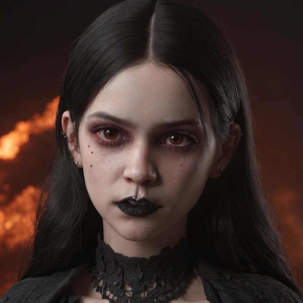 "(Professional 3D rendering:1.3) de (Realistic:1.3) volcanic 13-year-old goth girl disgusted in darkness, ultra hiper-realista, Photographic, extremamente detalhada."