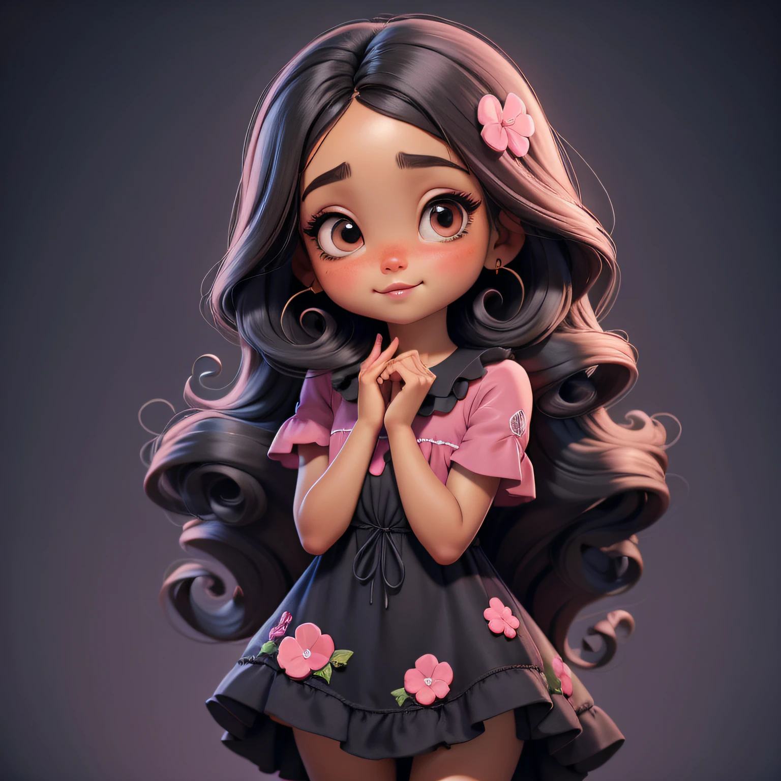 linda , de 4 anos, cabelos curtos pretos cheios de cachos, pele morena, olhos castanhos escuros, muito bonita, vestidas com vestido rosa, delicado, foco nítido, Studio photo, detalhes intrincados, altamente detalhados,