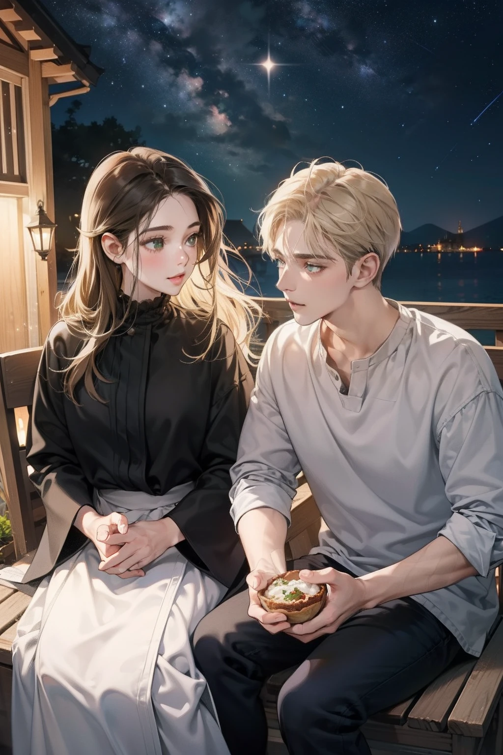 Happy couple, 1 girl 1 boy, different hair color, long dark hair and grey eyes, short blonde hair and green eyes, face to face, romantic, outdoor, under the starry sky, night, sitting down, foods, mouth opens, talking, 25 years old, dark hair girl.
