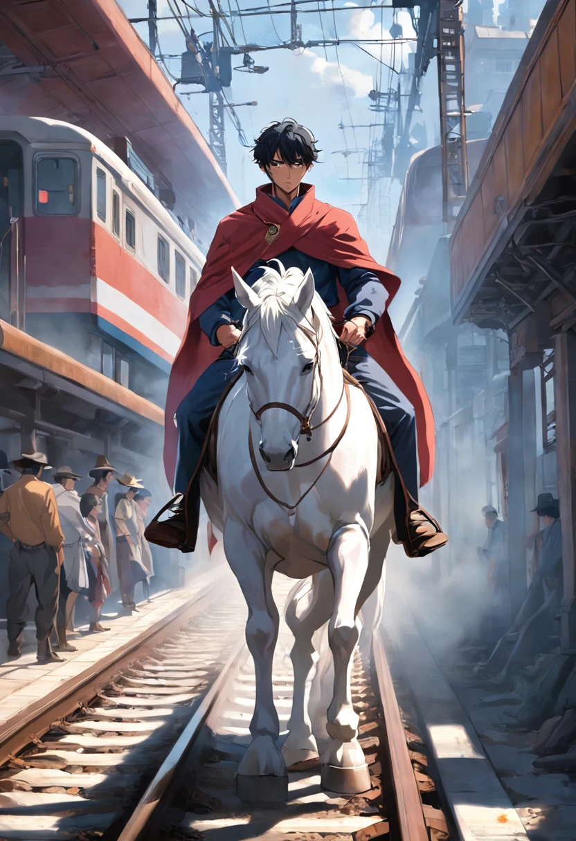 There is a man on a white horse in front of a moving train, (Trem), andar a cavalo branco, Vaqueiro, vaqueiro , Foto de um cowboy, No Velho Oeste, O vaqueiro no velho Oeste, Velho Oeste, Lone guard, sonho de vaqueiro, quadrinhos ocidentais inspirados, lonely rider, Directed by: Cíntia Wright, space western, Fotografia Moonwalker