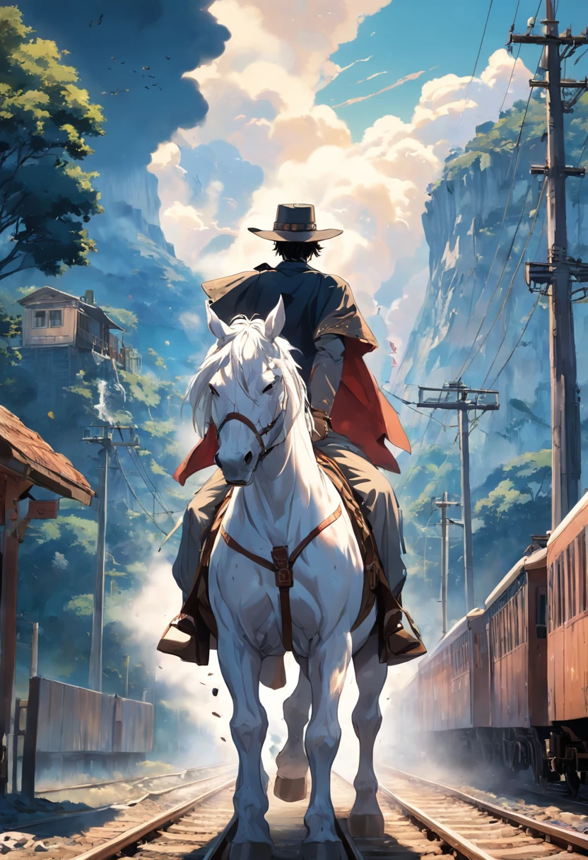 There is a man on a white horse in front of a moving train, (Trem), andar a cavalo branco, Vaqueiro, vaqueiro , Foto de um cowboy, No Velho Oeste, O vaqueiro no velho Oeste, Velho Oeste, Lone guard, sonho de vaqueiro, quadrinhos ocidentais inspirados, lonely rider, Directed by: Cíntia Wright, space western, Fotografia Moonwalker