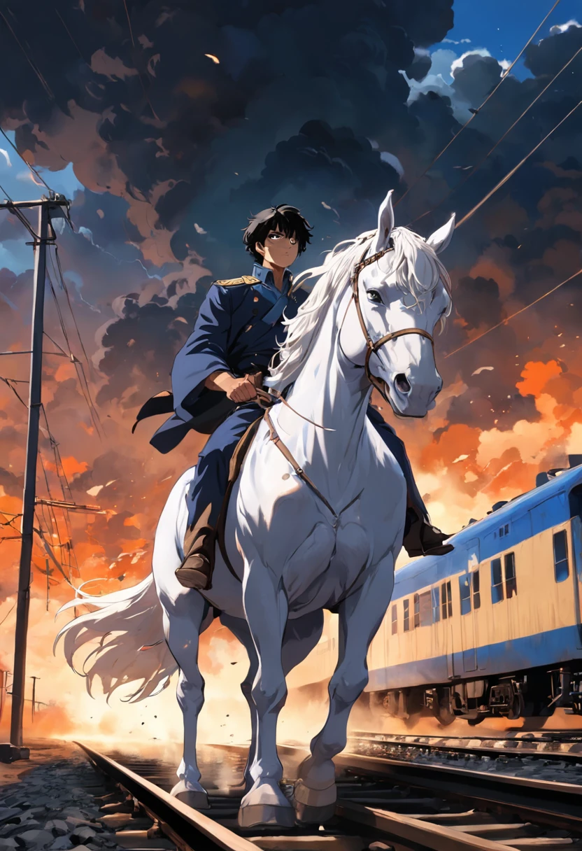 There is a man on a white horse in front of a moving train, (Trem), andar a cavalo branco, Vaqueiro, vaqueiro , Foto de um cowboy, No Velho Oeste, O vaqueiro no velho Oeste, Velho Oeste, Lone guard, sonho de vaqueiro, quadrinhos ocidentais inspirados, lonely rider, Directed by: Cíntia Wright, space western, Fotografia Moonwalker
