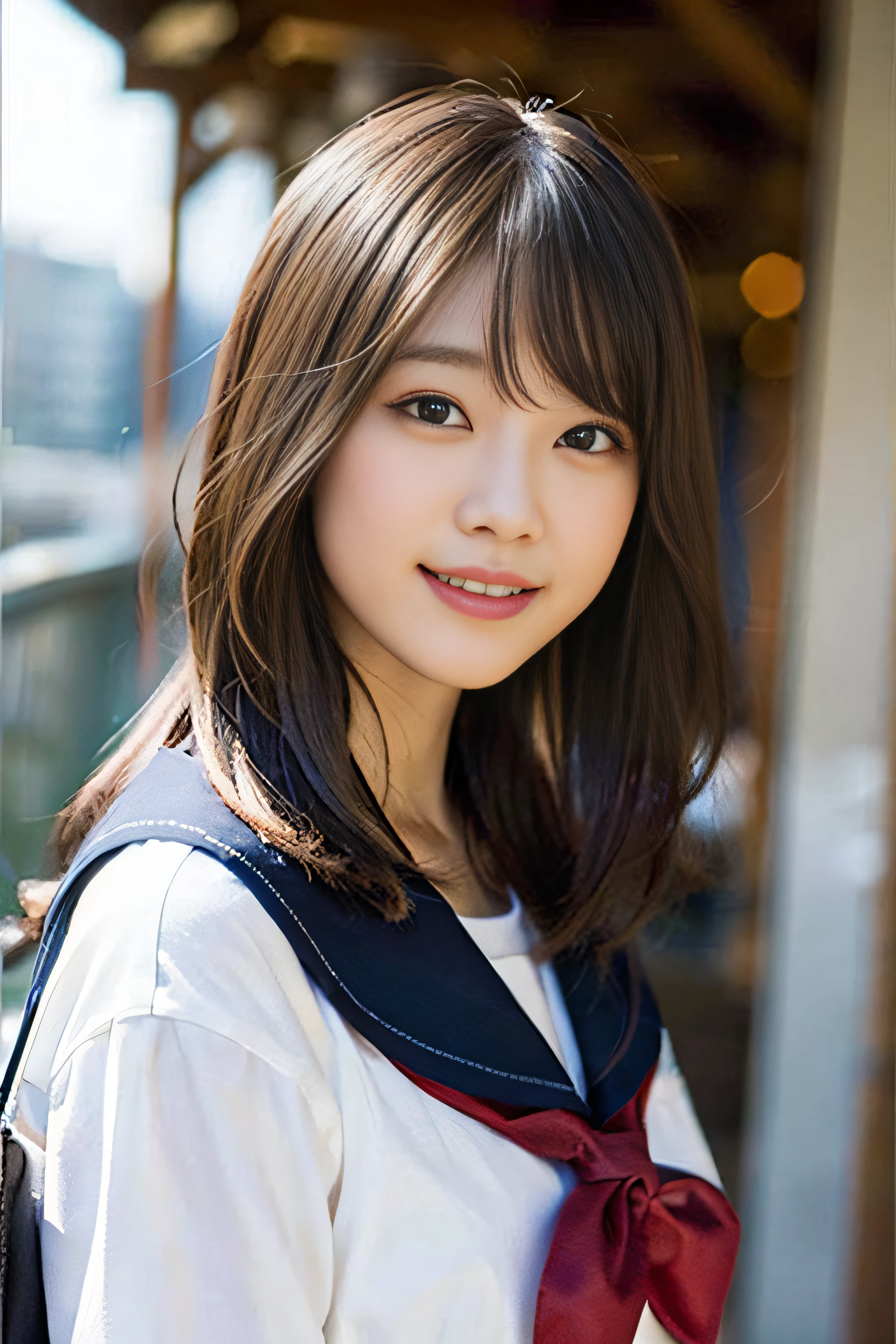 (8K、Raw photography、top-quality、masterpiece:1.2)、(realisitic、Photorealsitic:1.37)、ultra-detailliert、超A high resolution、女の子1人、see the beholder、beautifull detailed face、A smile、Constriction、(Slim waist) :1.3)、Beautiful detailed skin、Skin Texture、Floating hair、Professional Lighting、Whole human body、Longhaire、a blond、japanese hight school uniform、hi-school girl、a sailor suit、Bob Hair、childs room、Happy smile、15yo student、Cute smile、D Cup Breasts、Hand behind head pose