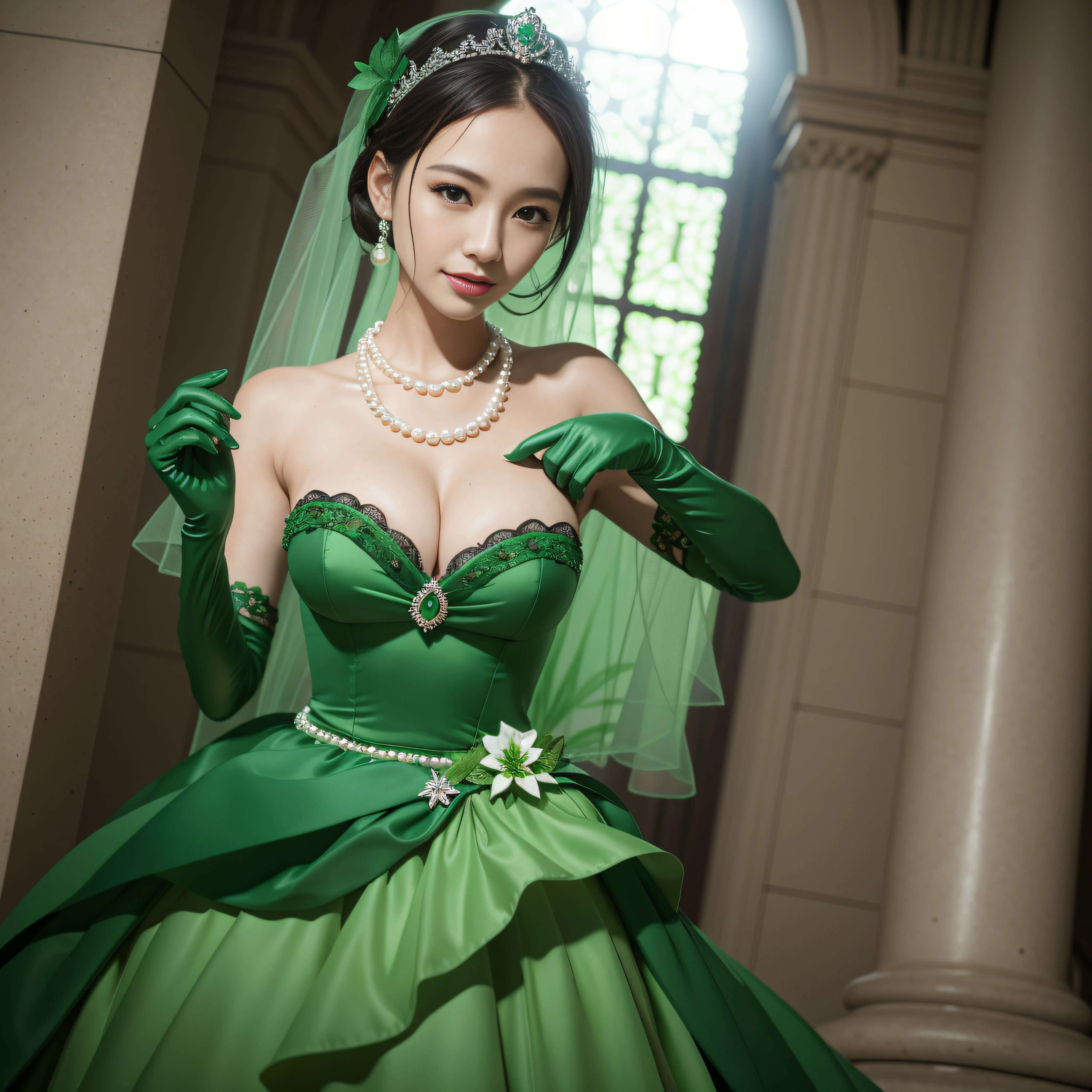 studio lights、depth of fields、The upper part of the body、A slender、A smile、Beautiful detail eyes、Green Dress Flower Cleanser，Sense of atmosphere, best qualtiy，tmasterpiece，1girll，30-years old，Green dress，Daytime Church，full body Esbian, Green gloves，With short green hair，big breasts beautiful，looking at viewert，ssmile，Green Bridal Veil，Green Long Grove，Satin green long gloves,　lipsticks, Pearl Necklace、Green gloves,　emerald tiara, A Japanese Lady, the kiss