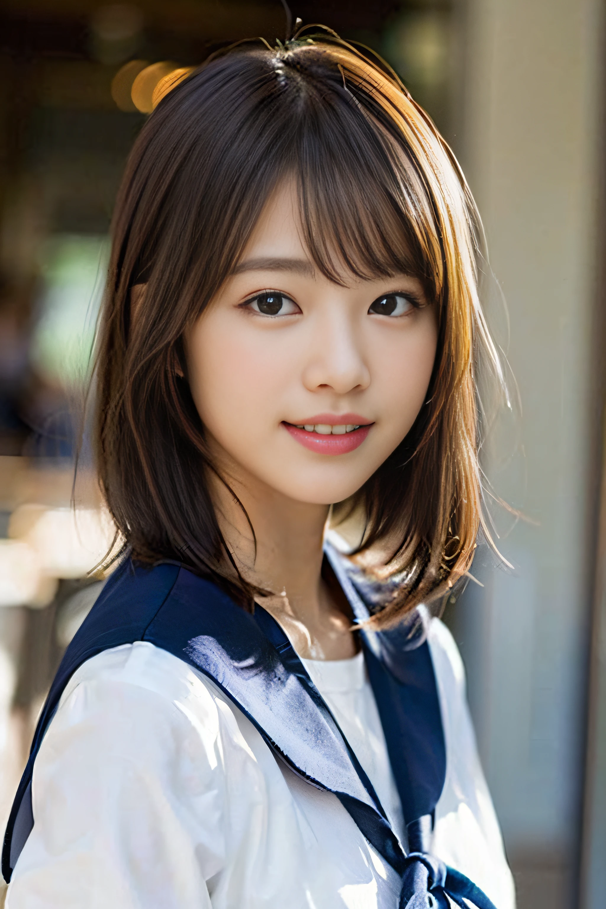 (8K、Raw photography、top-quality、masterpiece:1.2)、(realisitic、Photorealsitic:1.37)、ultra-detailliert、超A high resolution、1人、see the beholder、beautifull detailed face、A smile、Constriction、(Slim waist) :1.3)、Beautiful detailed skin、Skin Texture、Floating hair、Professional Lighting、Whole human body、Longhaire、a blond、japanese hight school uniform、hi-school girl、a sailor suit、Bob Hair、University、Happy smile