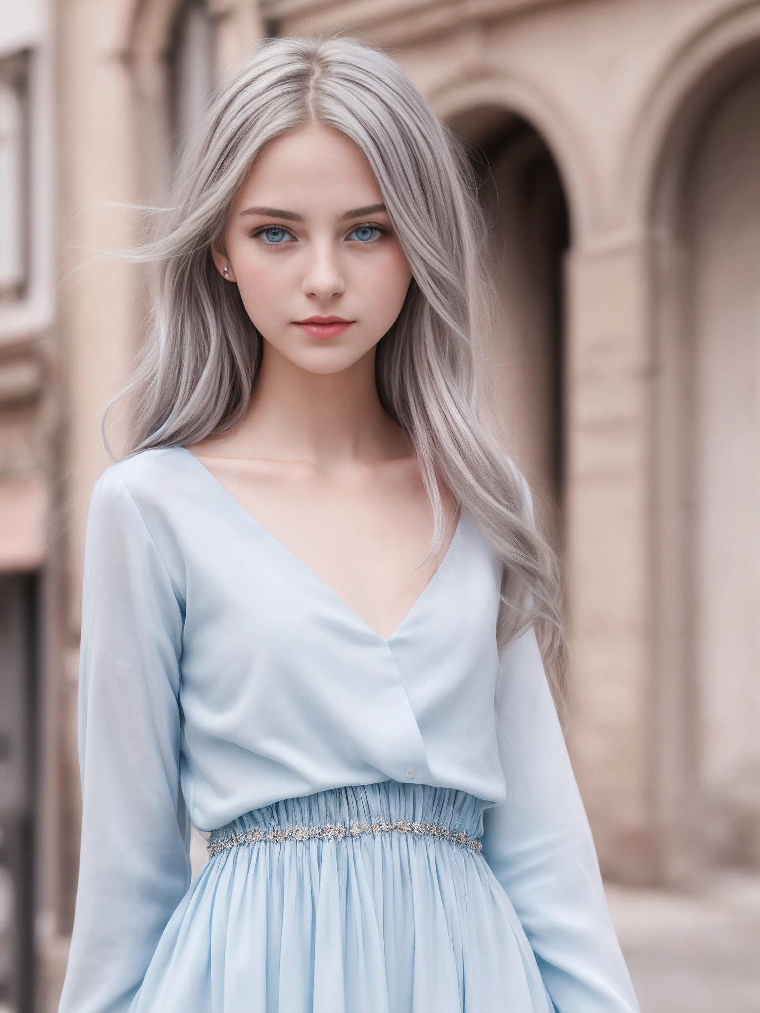 (((realisitic)))、Beautiful silver hair、20yr old、Kawaii Girl、1 girl in、attractive whitish light blue eyes、smooth lips、Loose braid、thin fabric dresses、50mm Lens、european townscape、blured background、