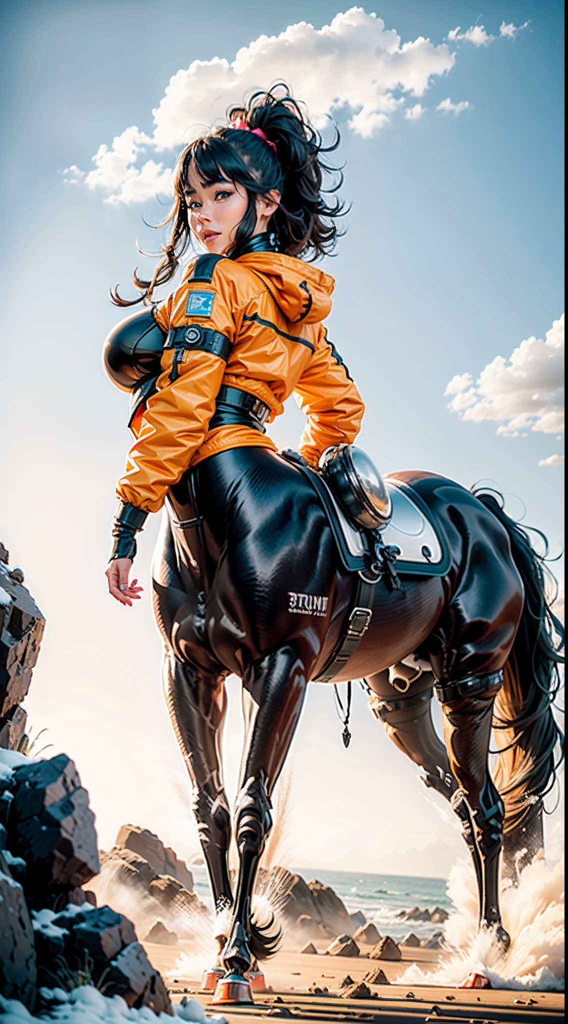 In a very grand scene，The extra-large wide-angle lens captures the appearance of a female centaur。She is tall，It has the ultimate curvy beauty，The muscles are slender and firm，Beautiful lines。Her facial features are tough and coquettish，Always with a sunny smile。She wears special tight-fitting equipment with a strong sense of technology，Step on multifunctional off-road style heels，Delicate and practical protective gear is worn on the hands, feet, wrists, neck and shoulders。The detection equipment around you flashes various cue lights and neon-like information screens，Let her exude a charming brilliance。Use Midjourney's advanced tools，Design special tight-fitting equipment for female centaurs，Highlight her unique physiological characteristics and appearance details，Add realism。And in her adventure scene，Spectacular views of nature，Such as the sky where storms and sunny days alternate、Brilliant rivers of stars and auroras、The snow-capped summit of Mount Everest、Fireworks in the mountain town, etc。ao mesmo tempo，Away from the hustle and bustle of Long Beach Pier is a neon-lit spaceship docked，Create a fantastic scene。Use Midjourney's advanced tools and multiple color palettes、Brush Strokes、Texture tools and model packages，It shows a sense of atmosphere where beauty and charm coexist。The charm of the female centaur is highlighted through color and lines，Enhance realism with detailing，Create a surreal dreamy feeling。Additionally，Use Midjourney's tools to add a variety of extreme sports gear and cultural trinkets to the female centaur，Create intricate hairstyles and outfits，Give her a sense of premium。She never flinches，Regardless of the terrain，can respond quickly，Even the extreme geography and dangerous terrain of aliens cannot stop her。Use Midjourney's powerful tools，You can do it with incredible detail and beauty，Bring this ultra-grand and beautiful scene to life。Ultra-grand scenes，super wide shot， hdr，（真实感，Masterpiece quality，best qualtiy），