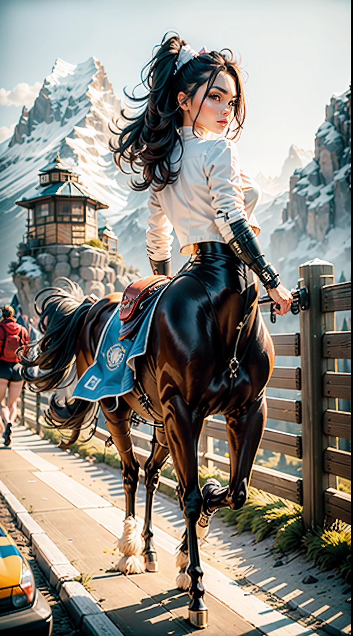 In a very grand scene，The extra-large wide-angle lens captures the appearance of a female centaur。She is tall，It has the ultimate curvy beauty，The muscles are slender and firm，Beautiful lines。Her facial features are tough and coquettish，Always with a sunny smile。She wears special tight-fitting equipment with a strong sense of technology，Step on multifunctional off-road style heels，Delicate and practical protective gear is worn on the hands, feet, wrists, neck and shoulders。The detection equipment around you flashes various cue lights and neon-like information screens，Let her exude a charming brilliance。Use Midjourney's advanced tools，Design special tight-fitting equipment for female centaurs，Highlight her unique physiological characteristics and appearance details，Add realism。And in her adventure scene，Spectacular views of nature，Such as the sky where storms and sunny days alternate、Brilliant rivers of stars and auroras、The snow-capped summit of Mount Everest、Fireworks in the mountain town, etc。ao mesmo tempo，Away from the hustle and bustle of Long Beach Pier is a neon-lit spaceship docked，Create a fantastic scene。Use Midjourney's advanced tools and multiple color palettes、Brush Strokes、Texture tools and model packages，It shows a sense of atmosphere where beauty and charm coexist。The charm of the female centaur is highlighted through color and lines，Enhance realism with detailing，Create a surreal dreamy feeling。Additionally，Use Midjourney's tools to add a variety of extreme sports gear and cultural trinkets to the female centaur，Create intricate hairstyles and outfits，Give her a sense of premium。She never flinches，Regardless of the terrain，can respond quickly，Even the extreme geography and dangerous terrain of aliens cannot stop her。Use Midjourney's powerful tools，You can do it with incredible detail and beauty，Bring this ultra-grand and beautiful scene to life。Ultra-grand scenes，super wide shot， hdr，（真实感，Masterpiece quality，best qualtiy），