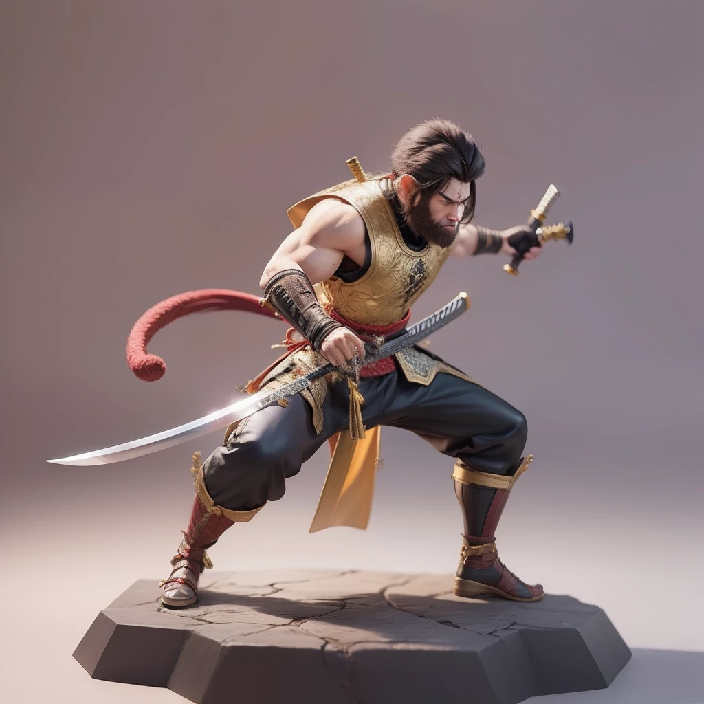 monkey swordman, holding katana, battle stance, detailed, masterpiece, fantasy