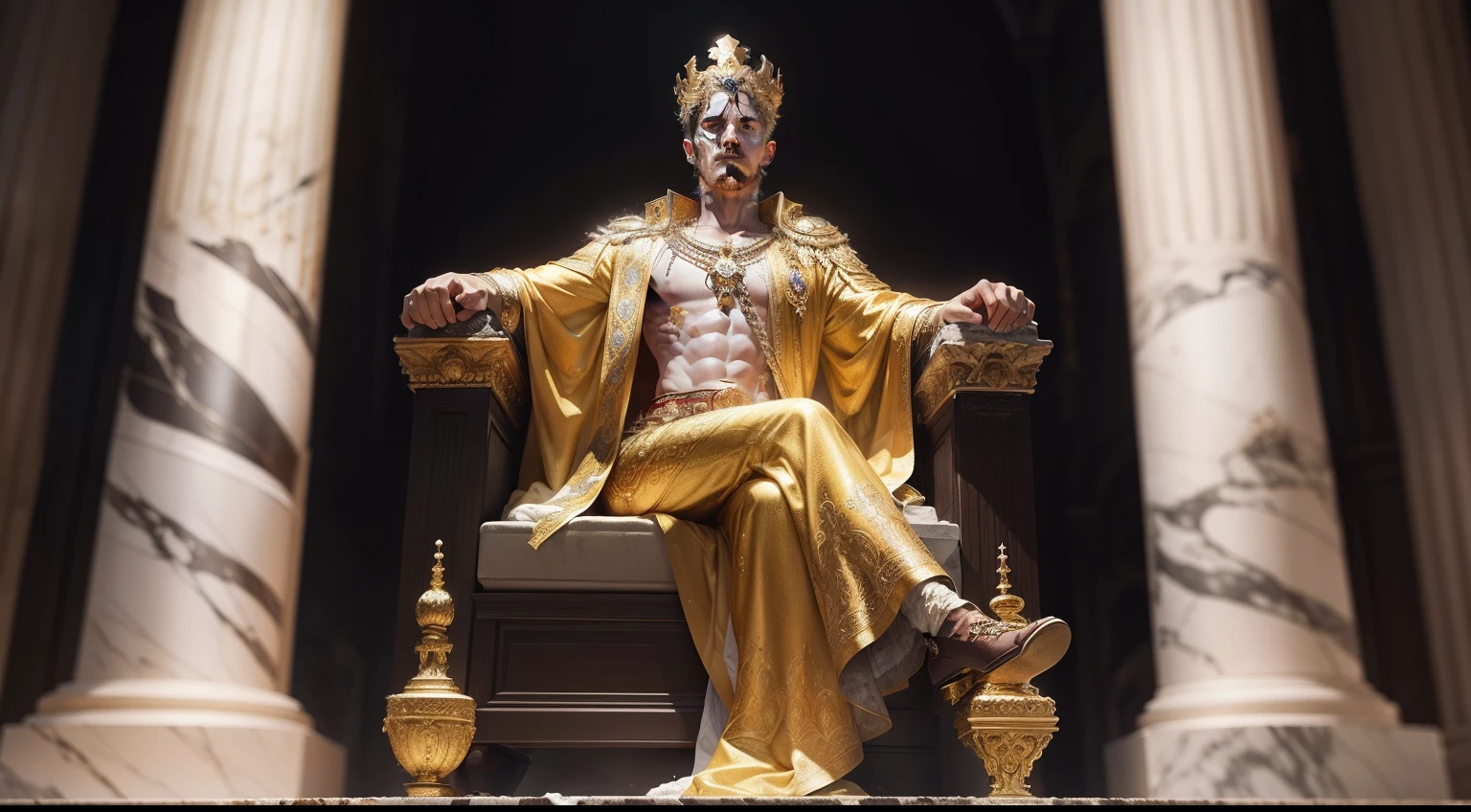 A regal portrait of Theseus, adorned in a golden crown and royal robes, seated on a throne of marble.
