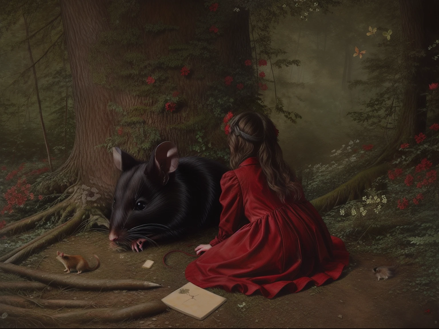 lostgirls, a painting of a girl in a red dress, wholesome, dark forest, lost, flowers, a rat in a dress