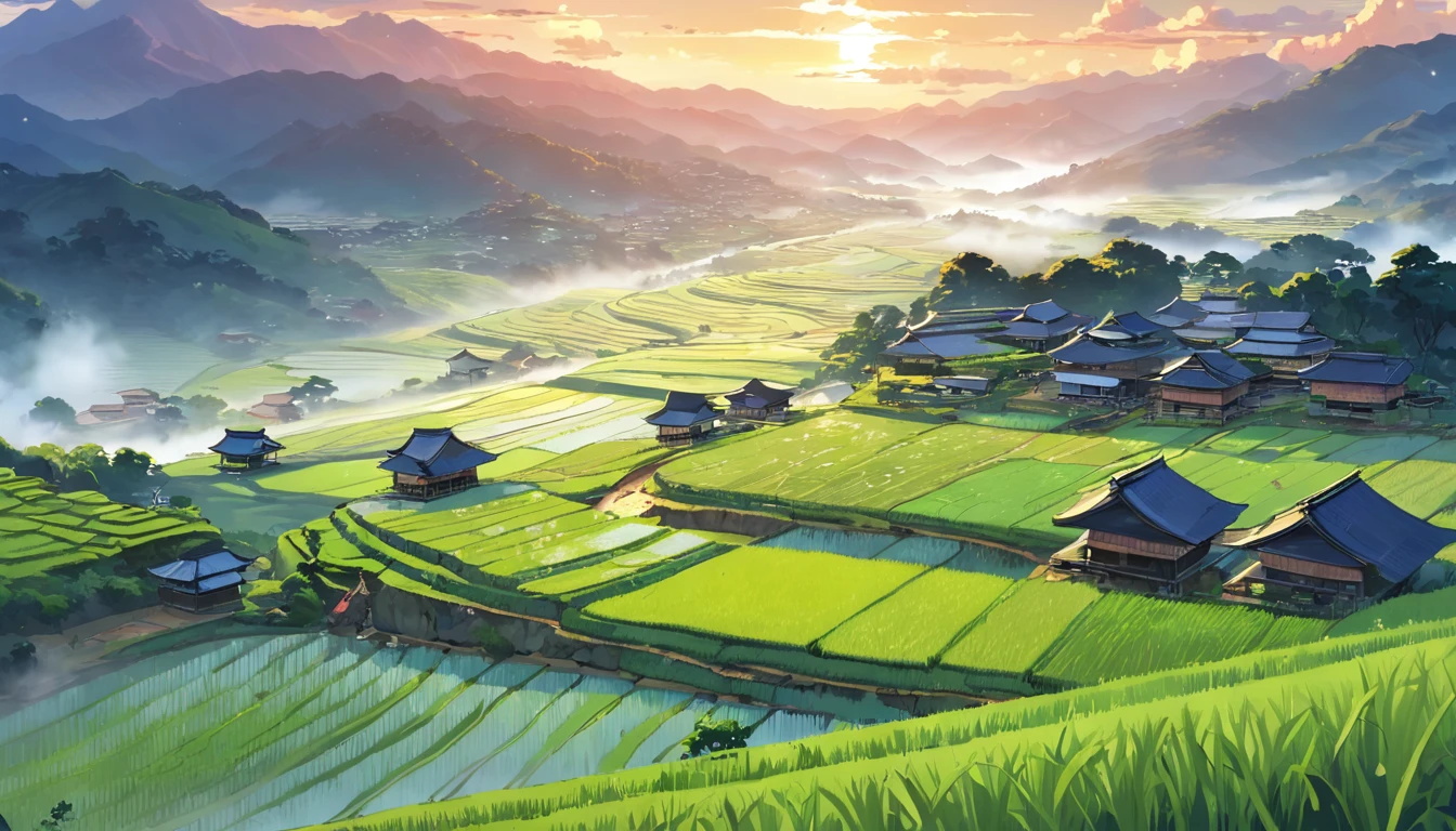 Large expanses of terraced fields, mountains, huts, with rice fields, rice fields, neat rice seedlings in the fields, misty rain, villages, agriculture, in the tranquil landscape, misty weather, in the vast tranquil landscape, in the early morning, in the morning mist, behind a small village, mist, Japanese countryside, thatched roofs --v 6