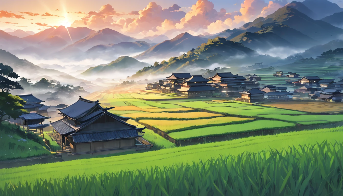 Large expanses of terraced fields, mountains, huts, with rice fields, rice fields, neat rice seedlings in the fields, misty rain, villages, agriculture, in the tranquil landscape, misty weather, in the vast tranquil landscape, in the early morning, in the morning mist, behind a small village, mist, Japanese countryside, thatched roofs --v 6