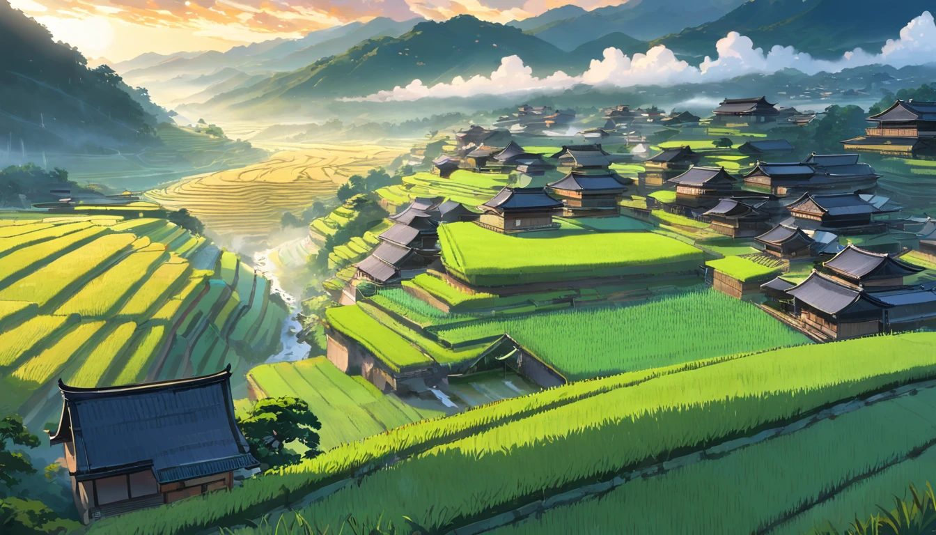 Large expanses of terraced fields, mountains, huts, with rice fields, rice fields, neat rice seedlings in the fields, misty rain, villages, agriculture, in the tranquil landscape, misty weather, in the vast tranquil landscape, in the early morning, in the morning mist, behind a small village, mist, Japanese countryside, thatched roofs --v 6