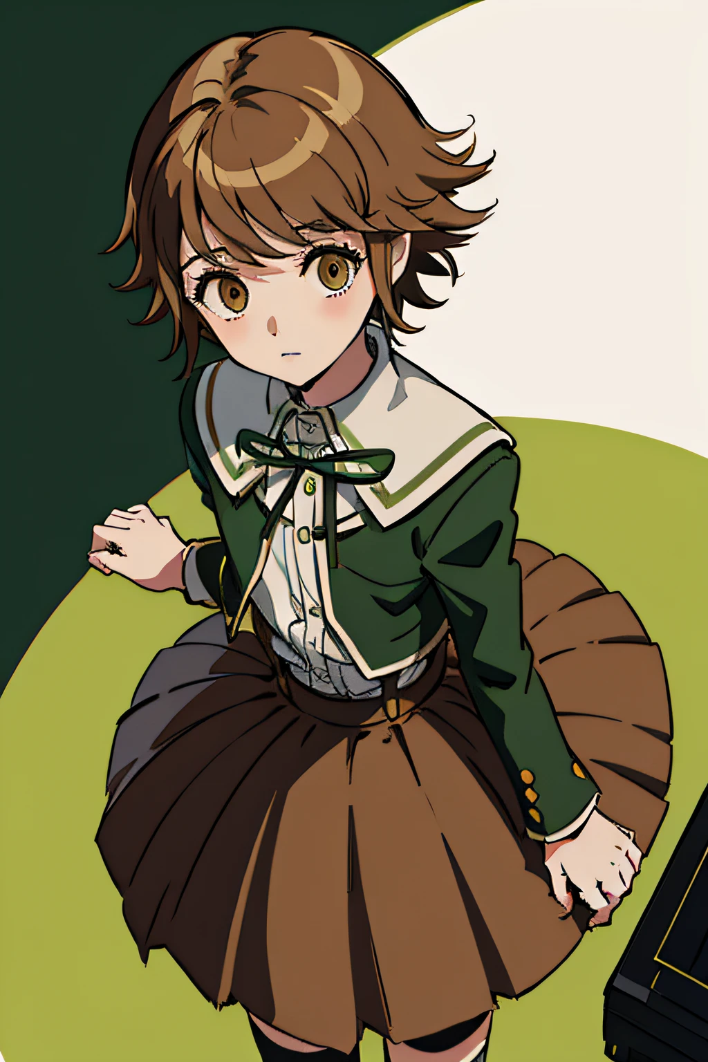 masterpiece, best quality, fujisaki chihiro, otoko no ko, green jacket, ribbon, brown skirt, kneehighs, upper body, looking at viewer, from above, shy, computer lab