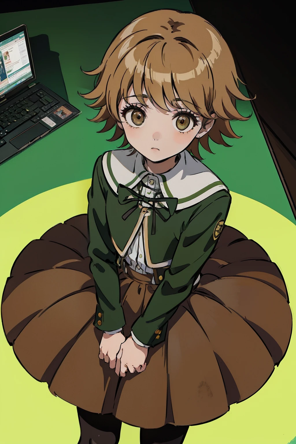 masterpiece, best quality, fujisaki chihiro, otoko no ko, green jacket, ribbon, brown skirt, kneehighs, upper body, looking at viewer, from above, shy, computer lab