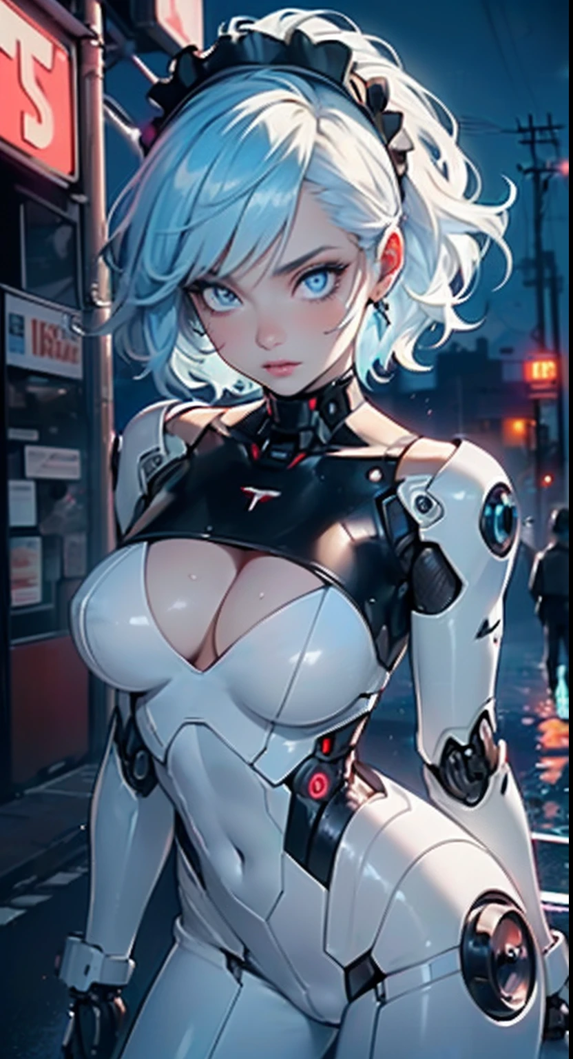 reelmech,(cyborg girl),(cyborg girl:1.5),
maid android,(((1girl))),((mechanical robot girl with extremely cute and beautiful pale blue hair)),
(large breasts:1.4),saggy breasts,(((pale blue bob hair:1.35,colored inner hair,short hair,ear breathing))),(((doll))) ,((((pale blue eyes,pale white skin,doll joints:1.5,mechanical hands:1.5,silver armored dress,tesla coils,maid mechanical doll:1.5,Body of a machine:1.5,metallic skin,ball joint,no facial features,cyborg:1.5, robotic parts:1.5,robot:1.5)))),((blue eyes:1.3,upturned eyes:1.3,perfect eyes,beautiful detailed eyes,gradient eyes:1,finely detailed beautiful eyes:1,symmetrical eyes:1,big highlight on eyes:1.2)),((fat)),(((lustrous skin:1.5,bright skin: 1.5,skin tanned,shiny skin,very shiny skin,shiny body,plastic glitter skin,exaggerated shiny skin,illuminated skin, wet legs))),(spider lower abdomen,narrow waist,wide hip,detailed body,(detailed face)),((Mechanical joints: 1.4,Mechanical limbs)),
cute,slutty,seductive,erotic,(((nsfw))),
(maid headdress),bare_shoulders,delicate metal decorations,Headdress,(maid),sleeveless,miniskirt,boots,cleavage_cutout,bare_legs,((wet clothes,detailed outfit,detailed clothes)),
(dynamic pose:1.0),embarrassed,(centered,scale to fit dimensions,Rule of thirds),
cyberpunk city by the ocean at night, with bright neon signs and dark stormy clouds and puddles,
High resolution, sharp focus, (ultra detailed, extremely detailed), (photorealistic artwork:1.37), 8k wallpaper,((synthwave background theme)),(((vibrant colors,))),(intricate),masterpiece,(best quality),synthwave neon colors,