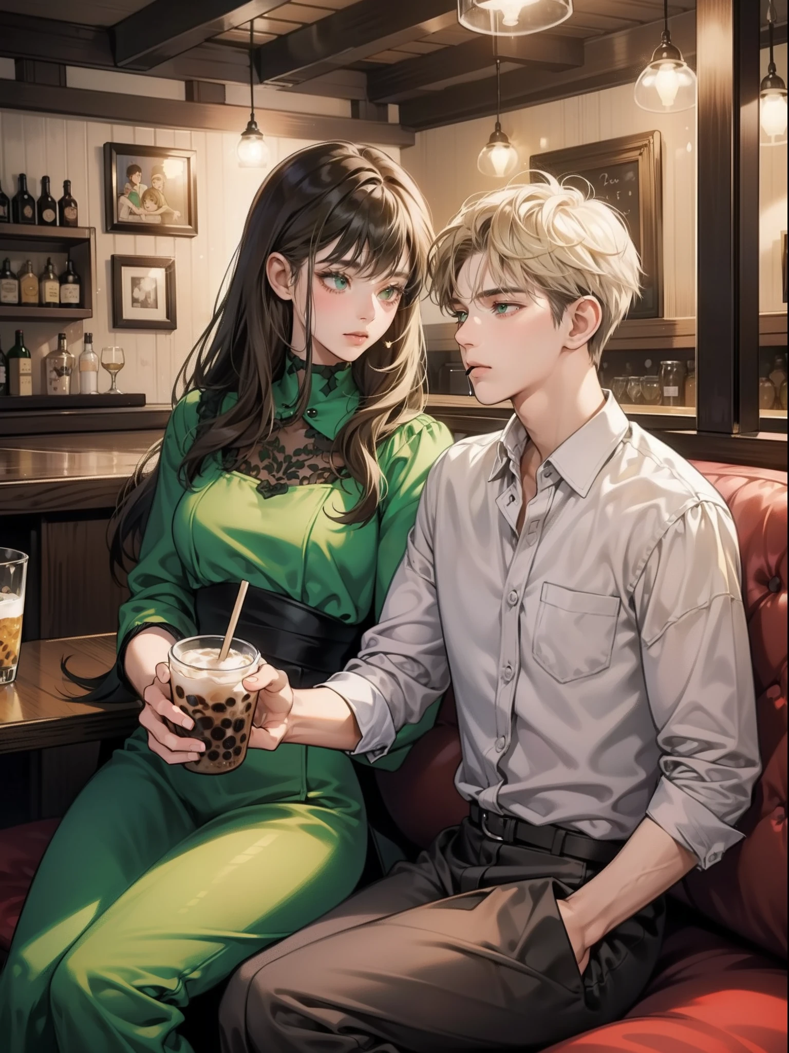 Happy couple, 1 girl 1 boy, different hair color, long dark hair bang and grey eyes, short blonde hair and green eyes, face to face, romantic, in the old fashion bar, night, sitting down, drinking bubble teas, mouth opens, talking, 18 years old, shorter dark hair girl