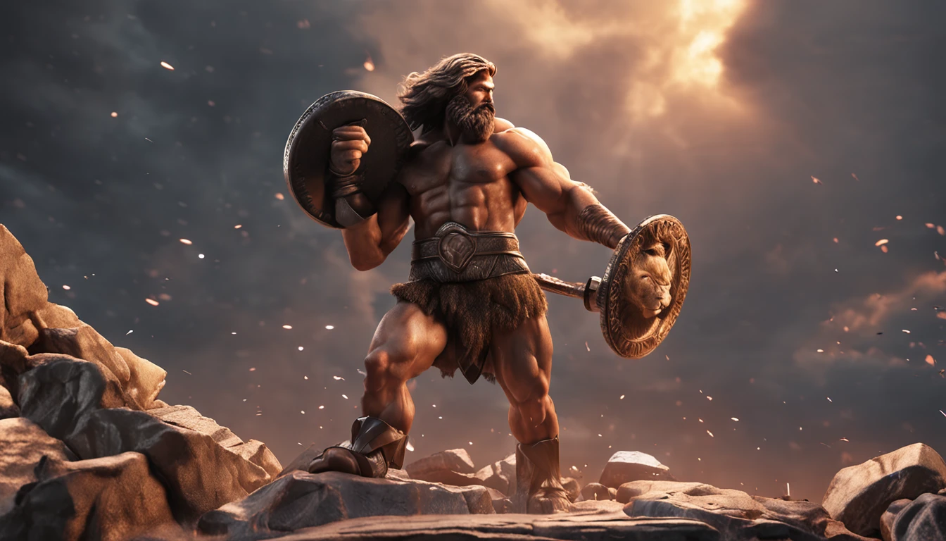 Render a visual representation of Heracles (Hercules), the mighty hero renowned for his incredible strength, engaged in one of his legendary labors, such as battling the Nemean Lion.