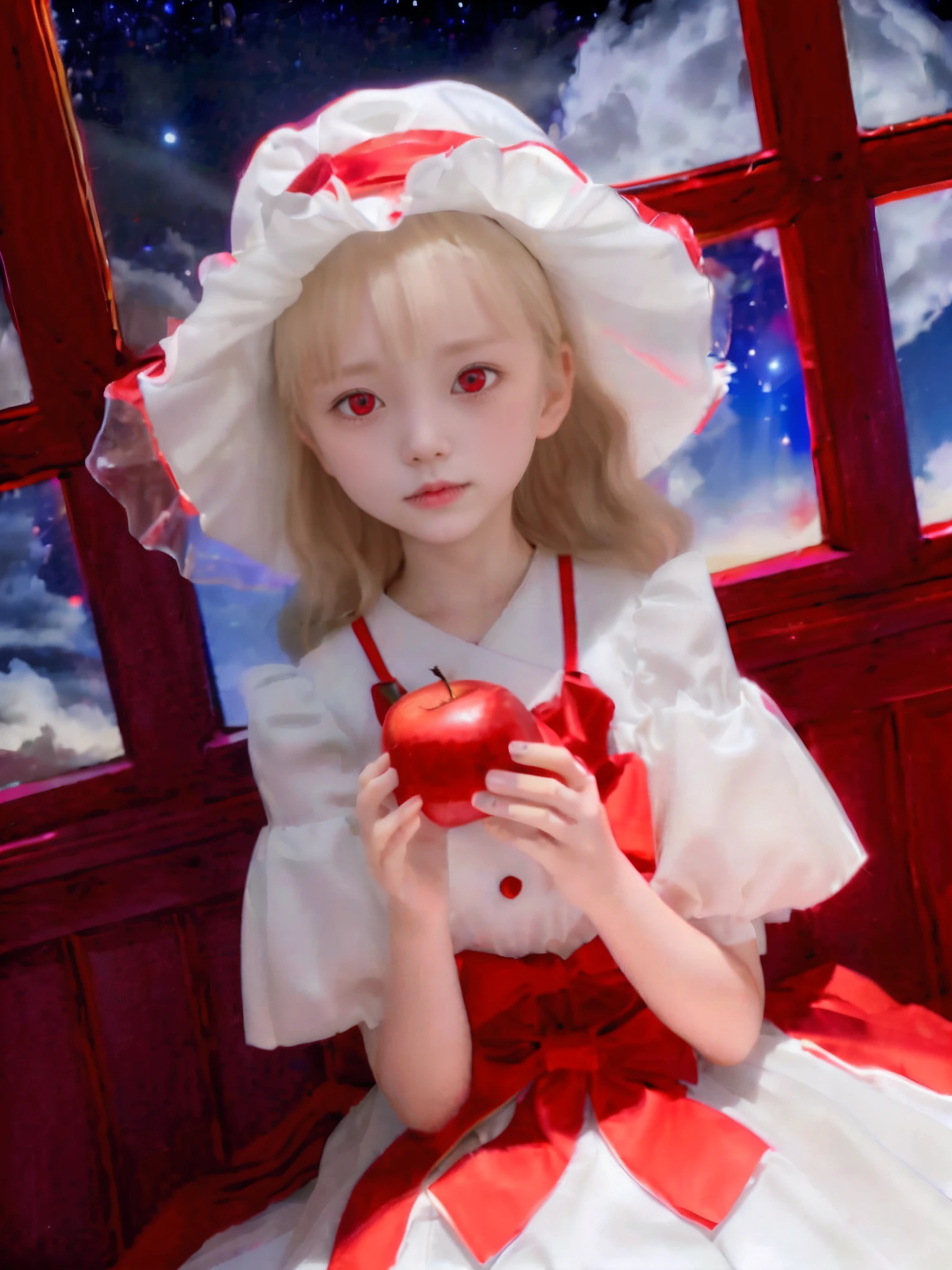 8K、​masterpiece、Vivid、detaileds、 girl in dress with reddish white ruffle sleeves、Young Face、White fluffy hat、a blond、Lots of bangs、((red eyes:1.3))、Holding a red apple in your hand、Lori、(vampire girl:1.1)、Night sky and red moon view、Sit near the black window glass、(Night sky and clouds:1.3)、(Angle from diagonally down:1.2)